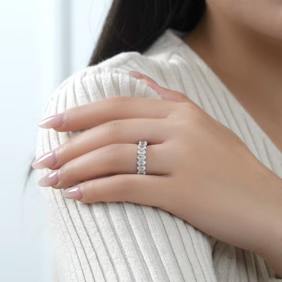 JeenMata 7.25 Carat Oval Cut Cubic Zirconia Eternity Anniversary Ring - Classic Prong Style Wedding Ring in White Gold Plating for Women