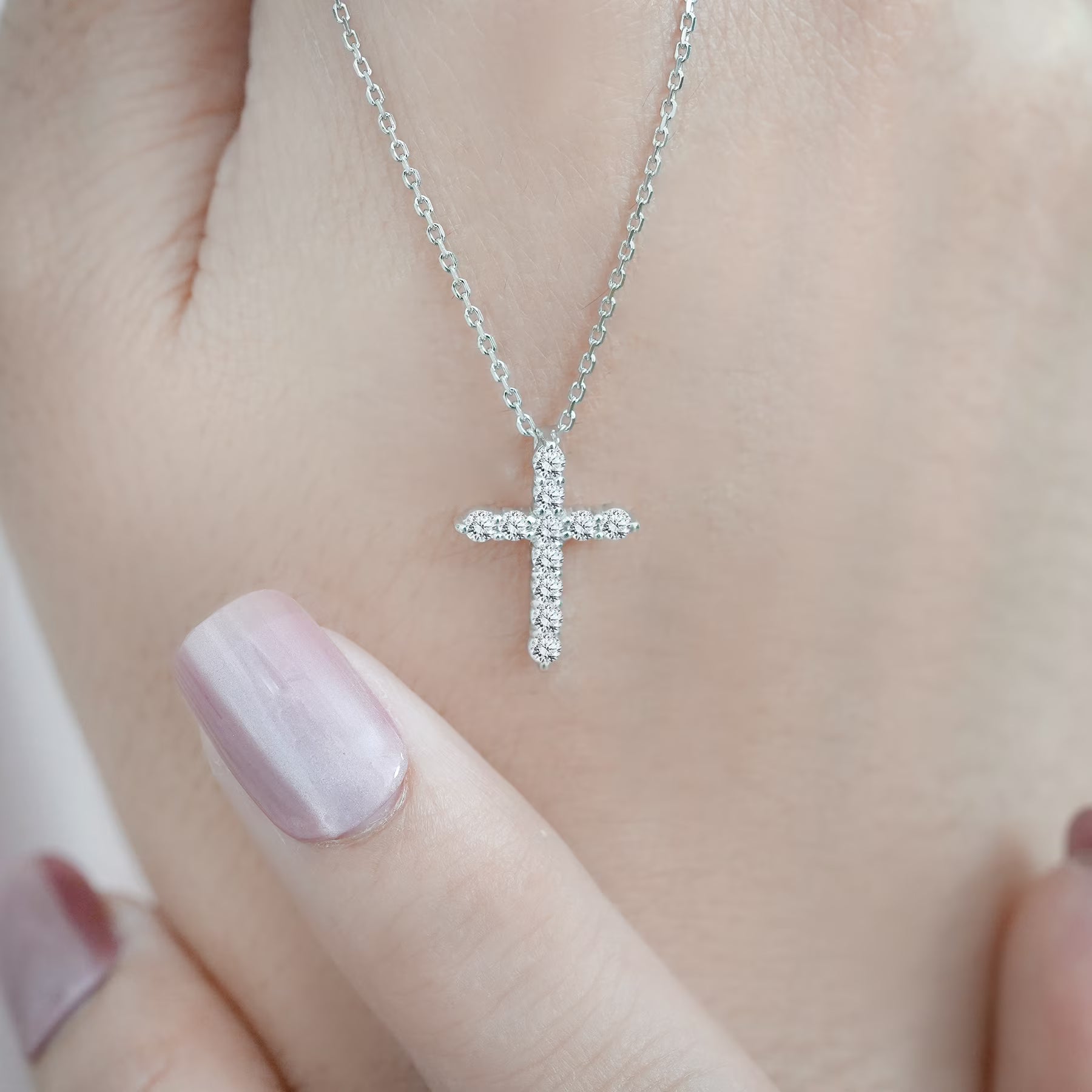 JeenMata Lab Grown Diamond Cross Pendant Necklace in 18K White Gold Plating for Women
