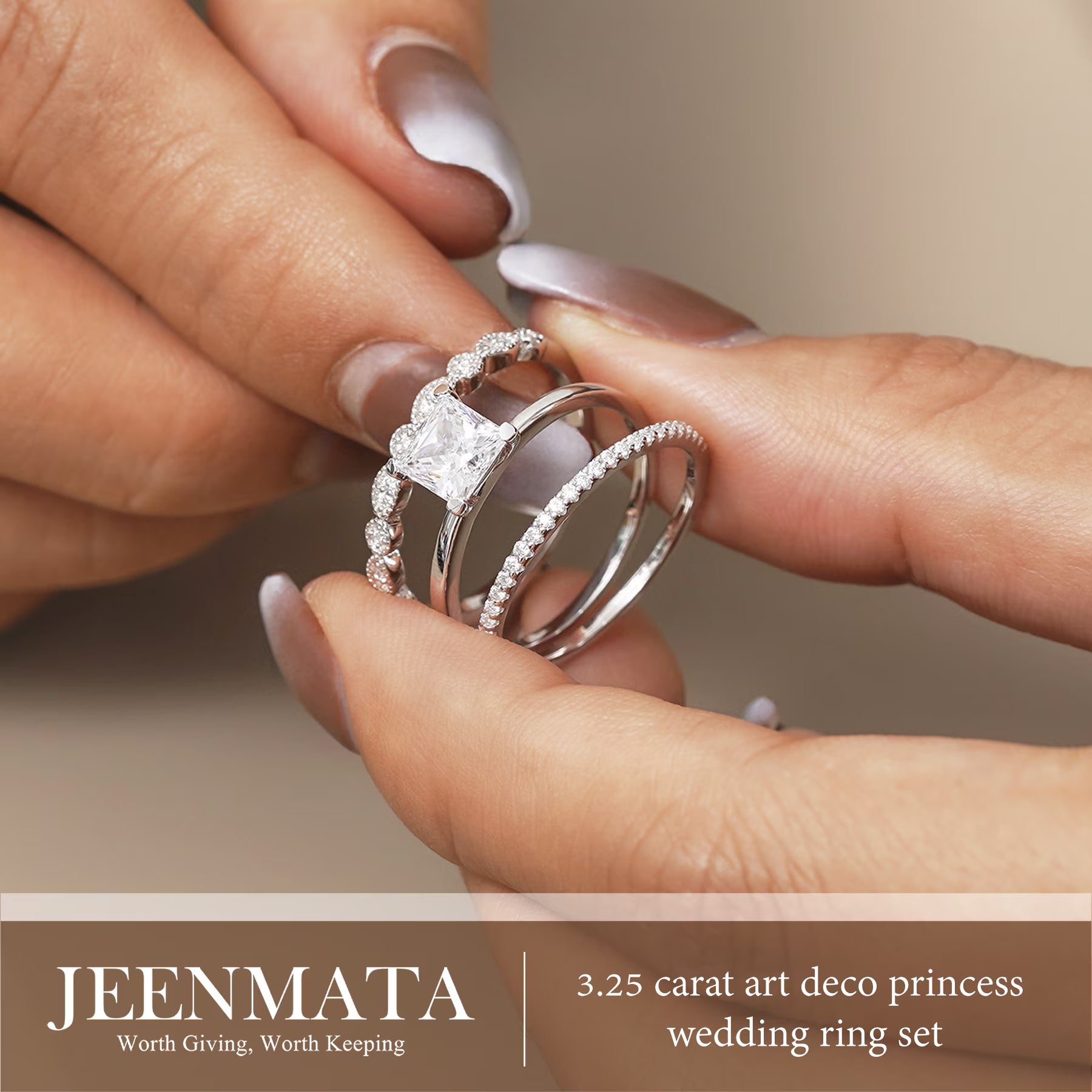 JeenMata 3.25 Carat Princess Wedding Ring Set - Bridal Set - Wedding Trio Set - Engagement Ring - Art Deco Ring - Promise Ring - Sterling Silver