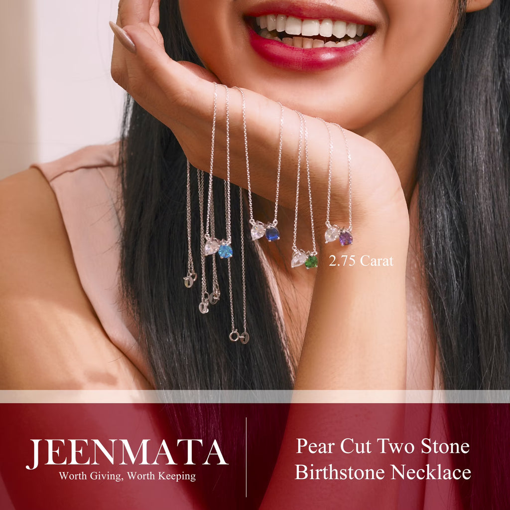 JeenMata 2.75 Carat January Birthstone Necklace - Pear Cut Two Stone Garnet & Cubic Zirconia Necklaces in 18K White Gold Plating Gift for Women, Mother, Her