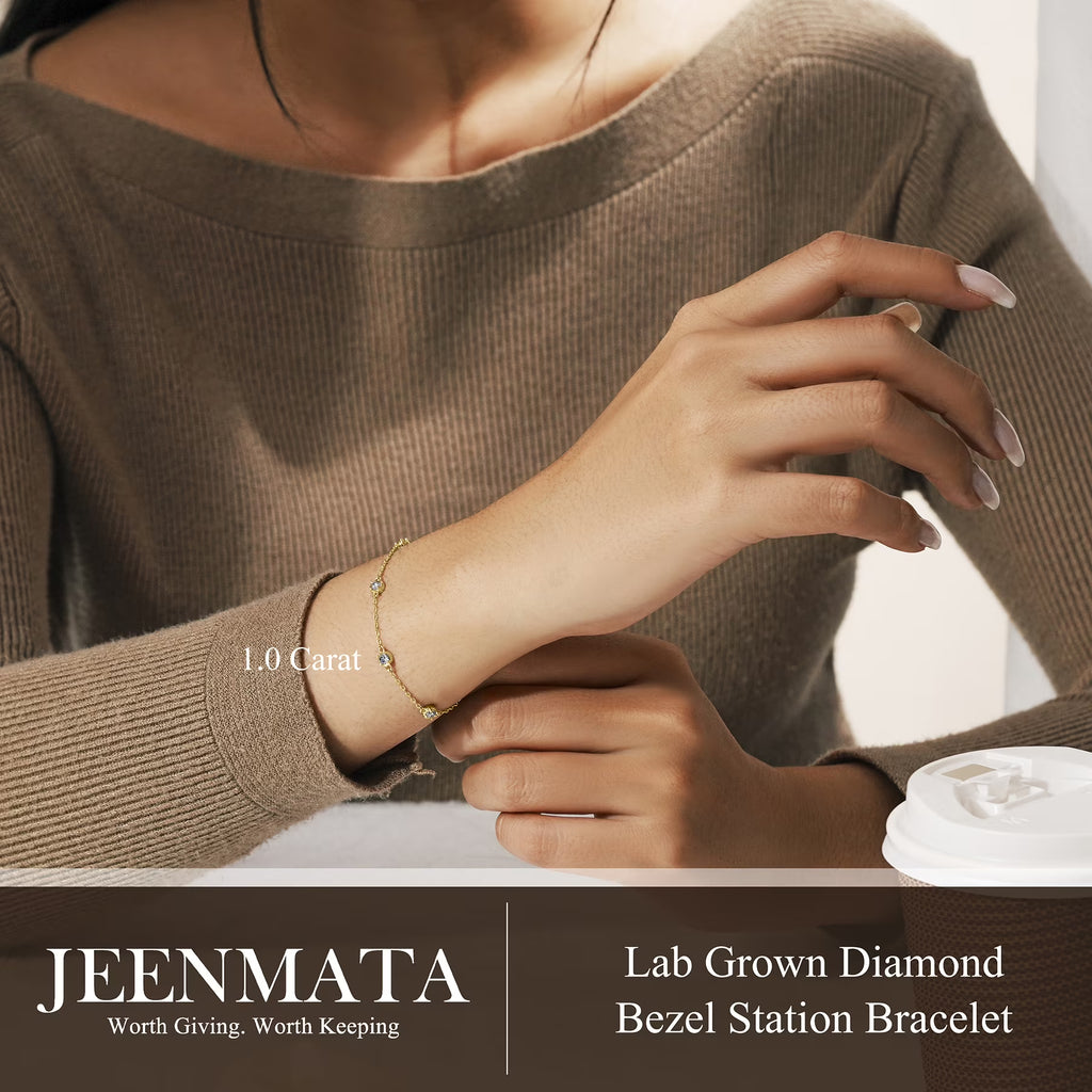 JeenMata 1 Carat Lab Grown Diamond Bezel Station Bracelets - Elegant Gift Jewelry Bracelet in 18K Yellow Gold Plating Gift for Women, Girlfriend
