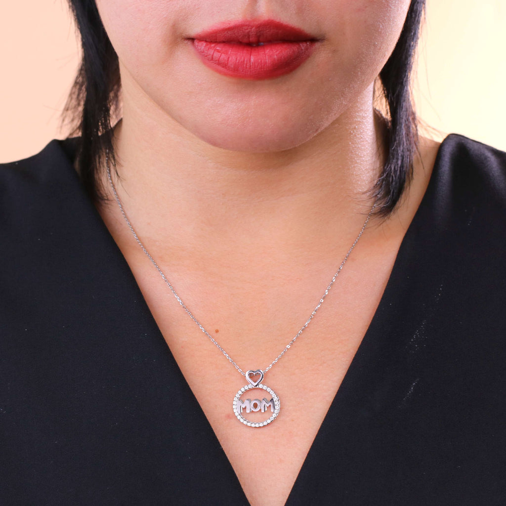 JeenMata Round Frame Mom Moissanite Pendant Necklace in 18K White Gold over Silver