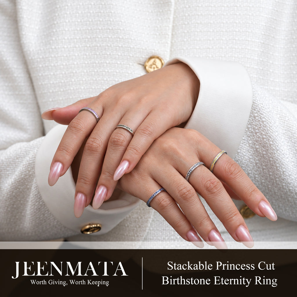 JeenMata 0.25 Carat Princess Cut April Birthstone Wedding Band - Pave Channel Band - 18K White Gold Plating for Women