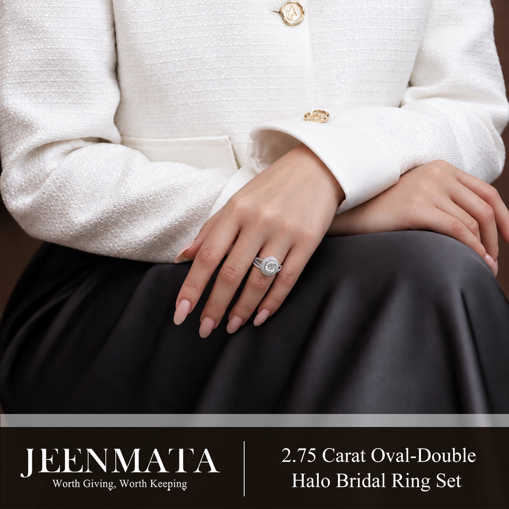 JeenMata 2.75 Carat Oval Cut Moissanite Double Halo Split Shank Engagement Ring Set in 18K White Gold Plated for Women