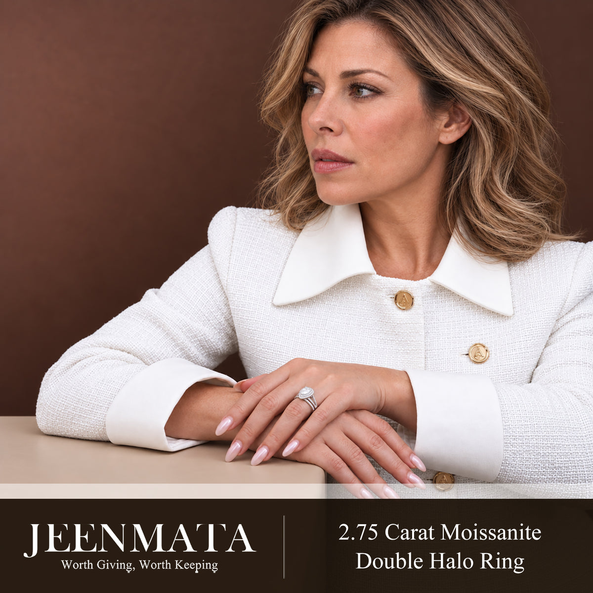 JeenMata 2.75 Carat Pear Cut Moissanite Double Halo Split Shank Engagement Ring Set in 18K White Gold Plated for Women