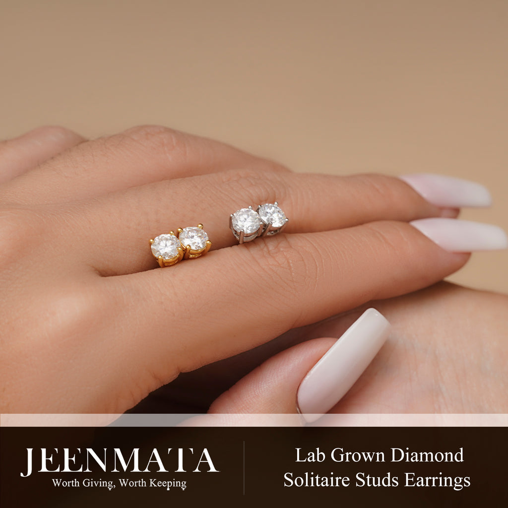 JeenMata Lab Grown Diamond Earrings 1.25 Carat Round Cut 18K Yellow Gold Plated Solitaire Studs for Women