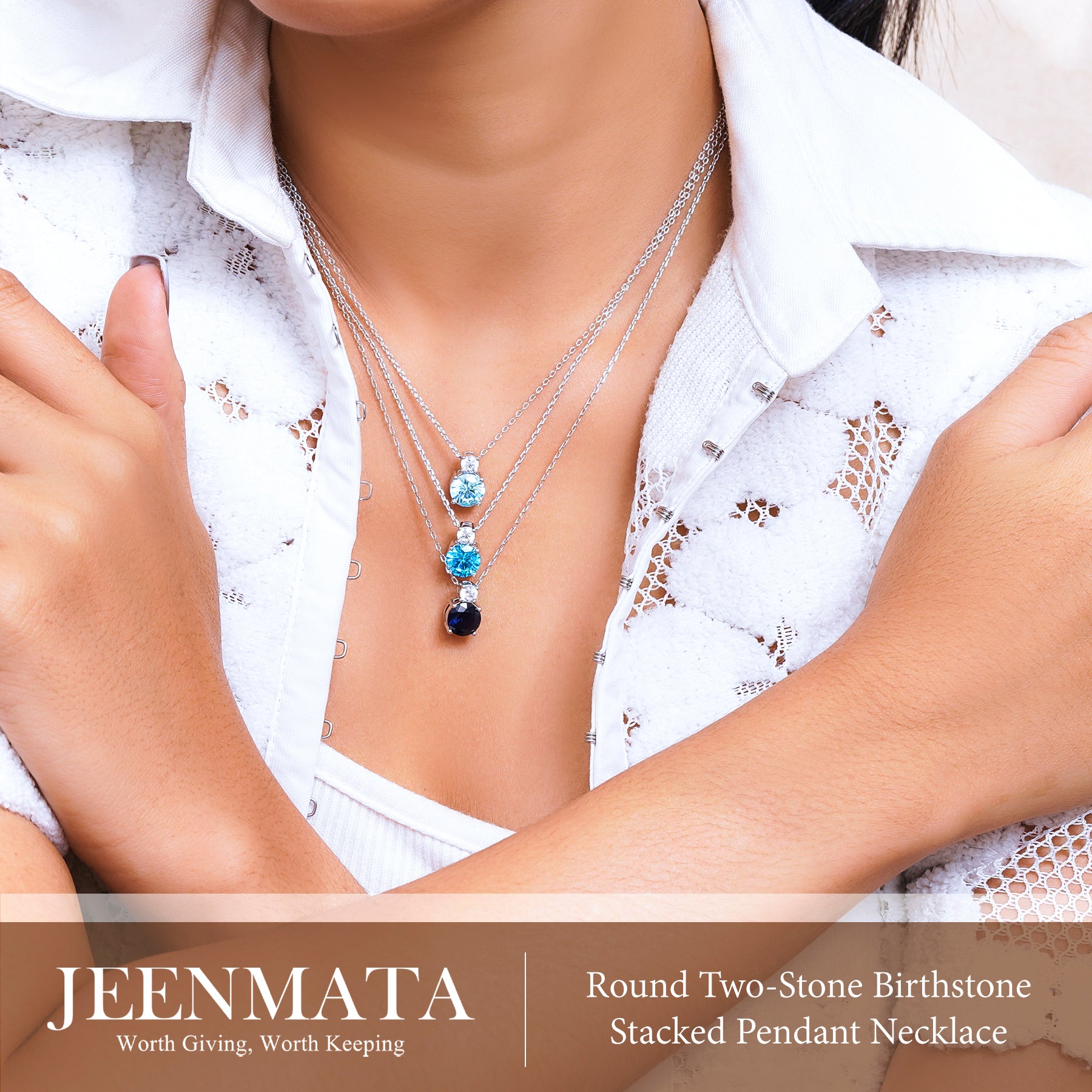 JeenMata 3.75 Carat March Aquamarine Birthstone Necklace - Dangling Round Cut Necklace Pendant in White Gold Plating for Women