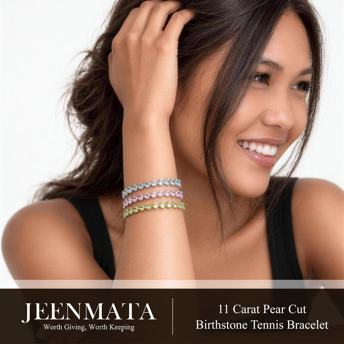 JeenMata 11 TCW Black Cubic Zirconia - Pear Cut Birthstone Tennis Bracelet for Women in Eternity Design - White Gold Plating, Female, Adult
