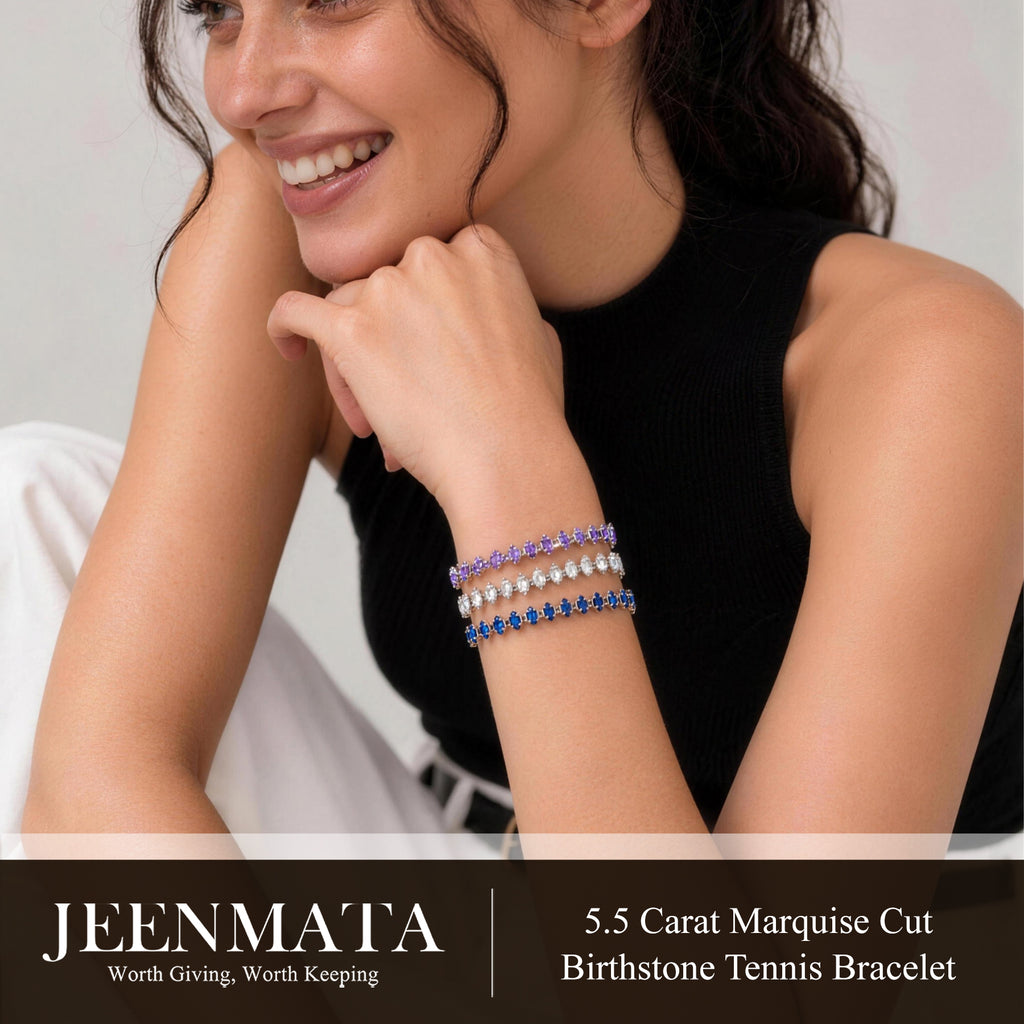 JeenMata 5.5 Carat Black Cubic Zirconia - Marquise Cut Birthstone Tennis Bracelet Eternity Design - White Gold Plating, Female, Adult