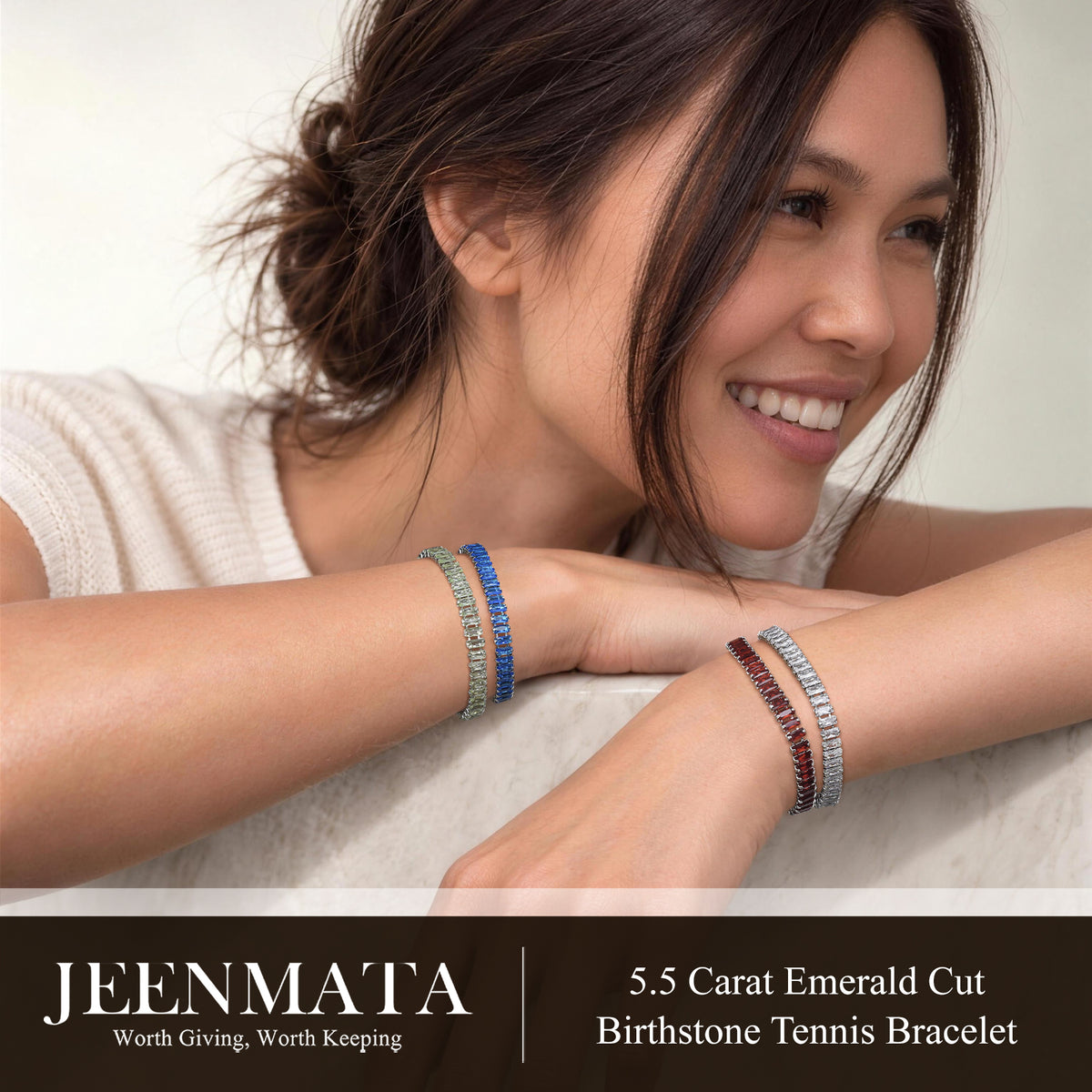 JeenMata 5.5 Carat Black Cubic Zirconia - Emerald Cut Birthstone Tennis Bracelet Eternity Design - White Gold Plating, Female, Adult