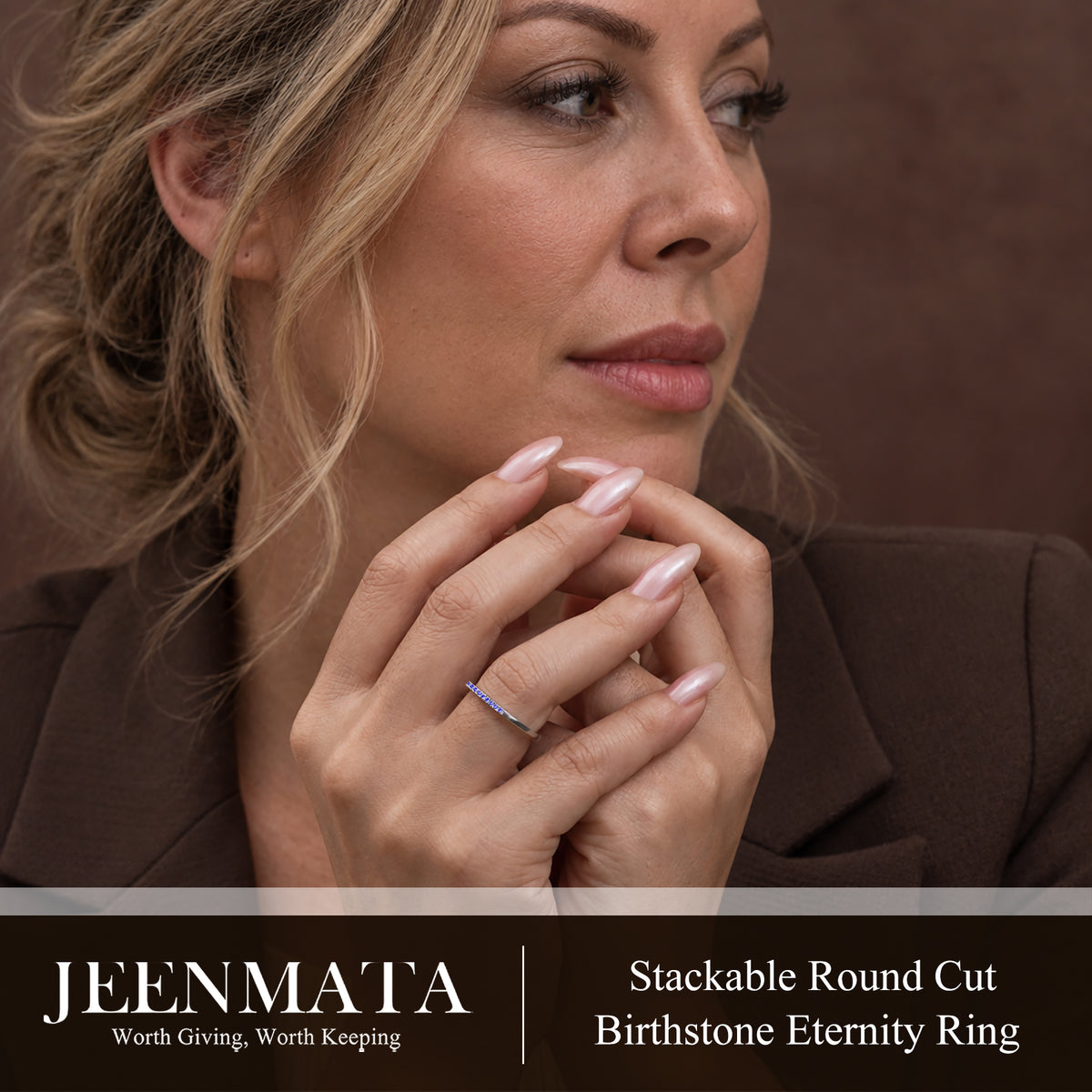 JeenMata Pave Accented - 0.25 Carat Round Cut -June Birthstone- Classic Wedding Band - 18K White Gold Plating for Women
