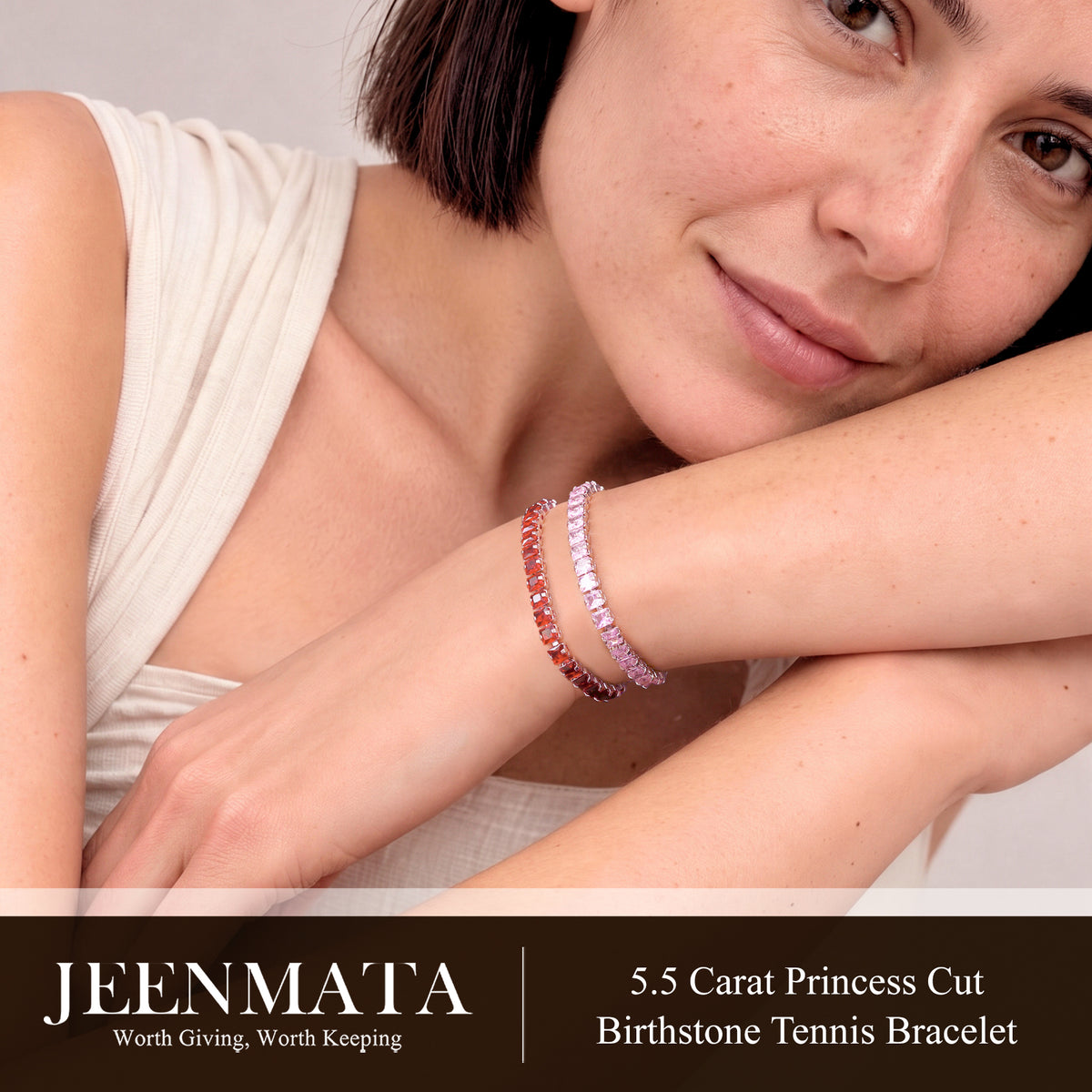 JeenMata 5.5 TCW June Alexandrite - Princess Cut Birthstone Tennis Bracelet for Women Eternity Design - White Gold Plating, Birthday, Anniversary, Valentine's Day Gift