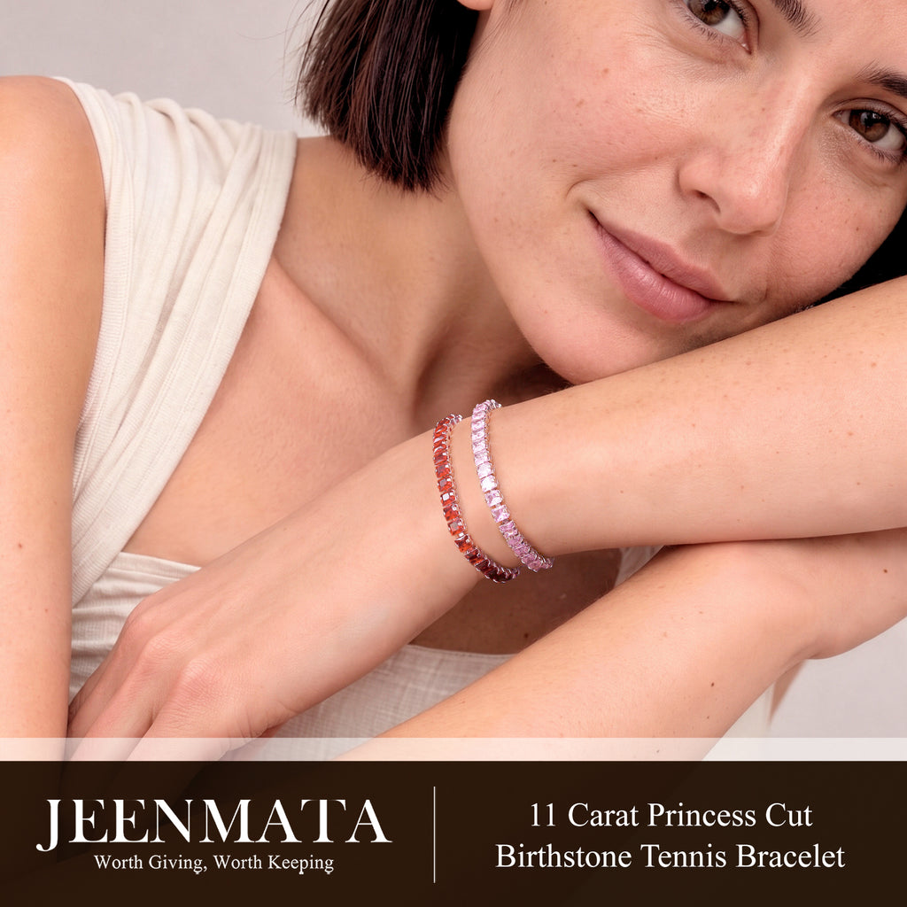 JeenMata 11 Carat April Cubic Zirconia - Princess Cut Birthstone Tennis Bracelet for Women Eternity Design - White Gold Plating, Birthday, Anniversary, Valentine's Day Gift