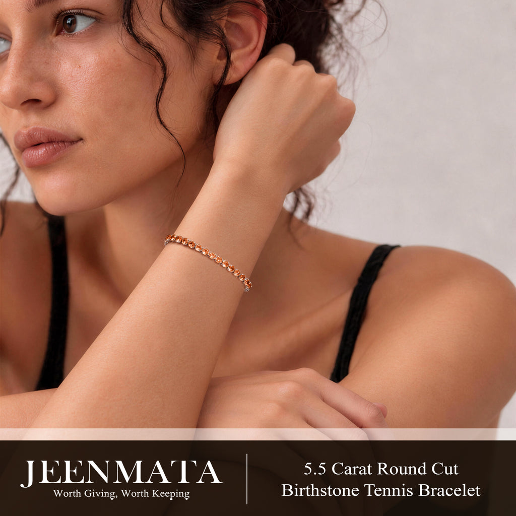 JeenMata 5.5 Carat January Garnet - Round Cut Birthstone Tennis Bracelet Eternity Design - White Gold Plating, Female, Adult