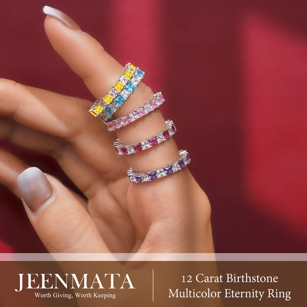 JeenMata 12 Carat Princess Cut October Birthstone - Multicolor Eternity Wedding Band - Pink Tourmaline & Cubic Zirconia Rings in 18K White Gold Plating for Women