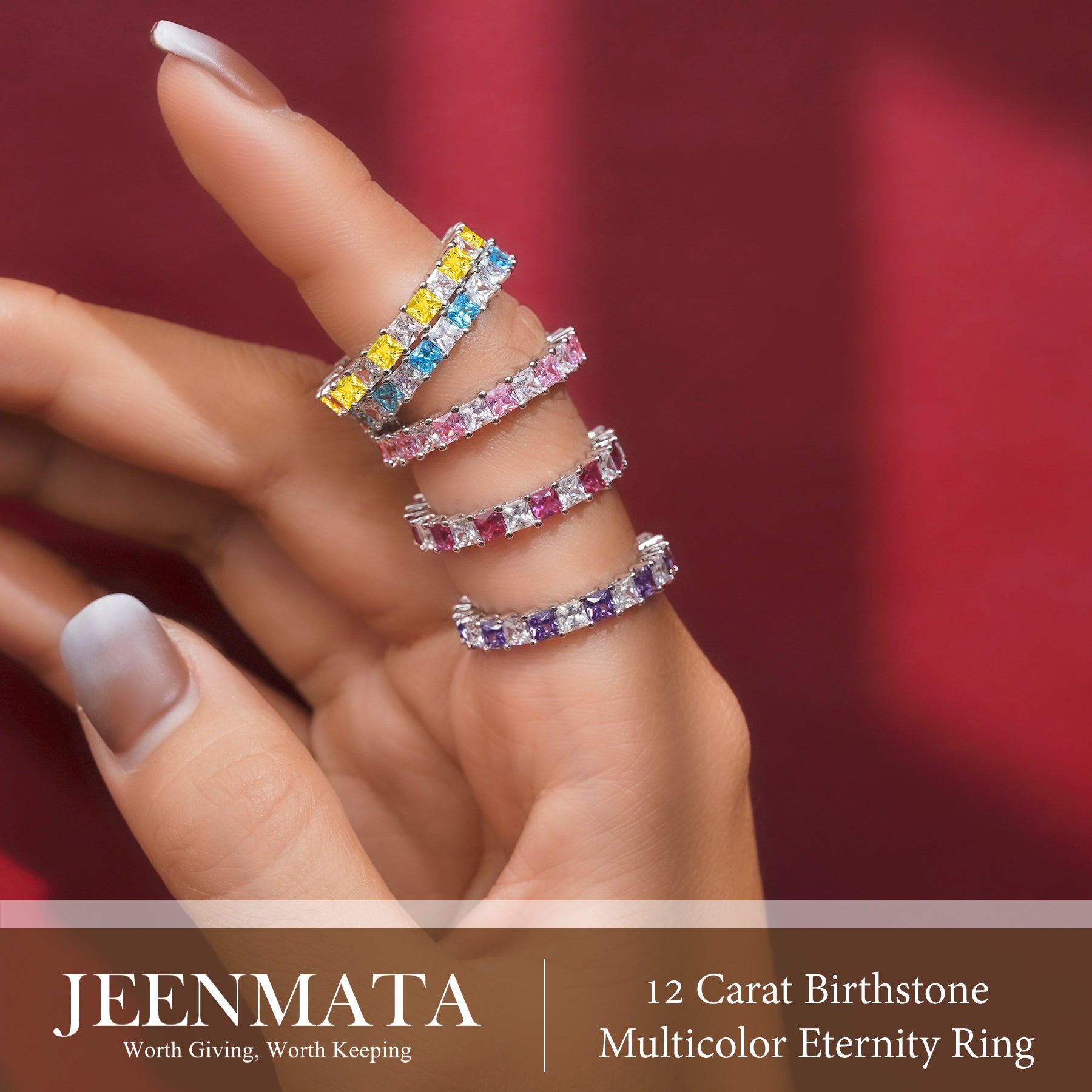 JeenMata 12 Carat Princess Cut May Birthstone - Multicolor Eternity Wedding Band - Emerald & Cubic Zirconia Rings in 18K White Gold Plating for Women