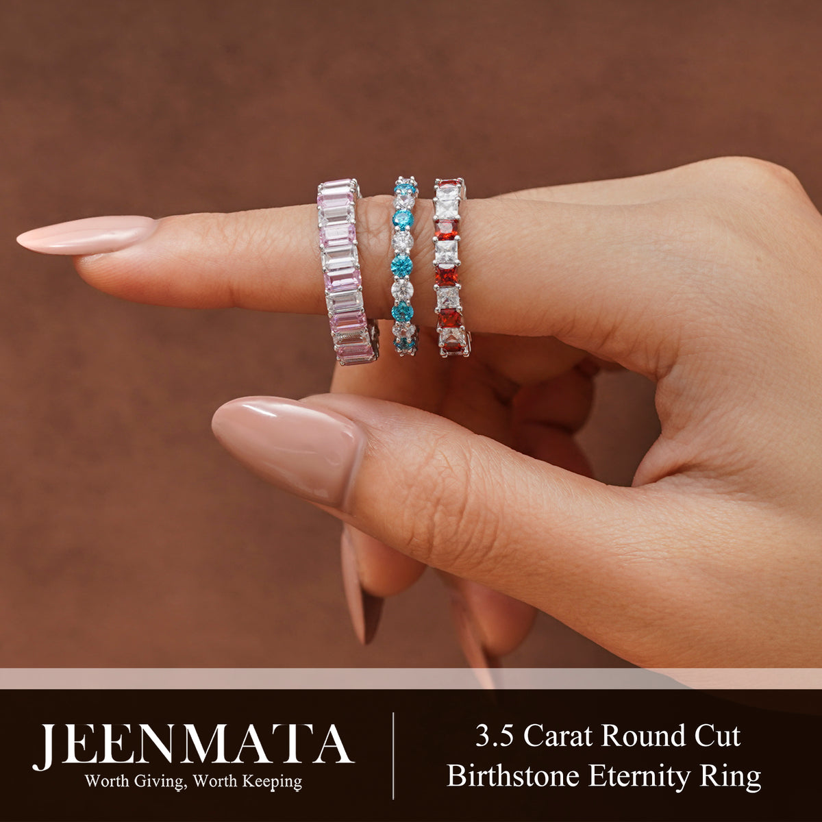 JeenMata 3.5 Carat Round Cut January Birthstone - Multicolor Eternity Wedding Band - Garnet & Cubic Zirconia Rings in 18K White Gold Plating for Women