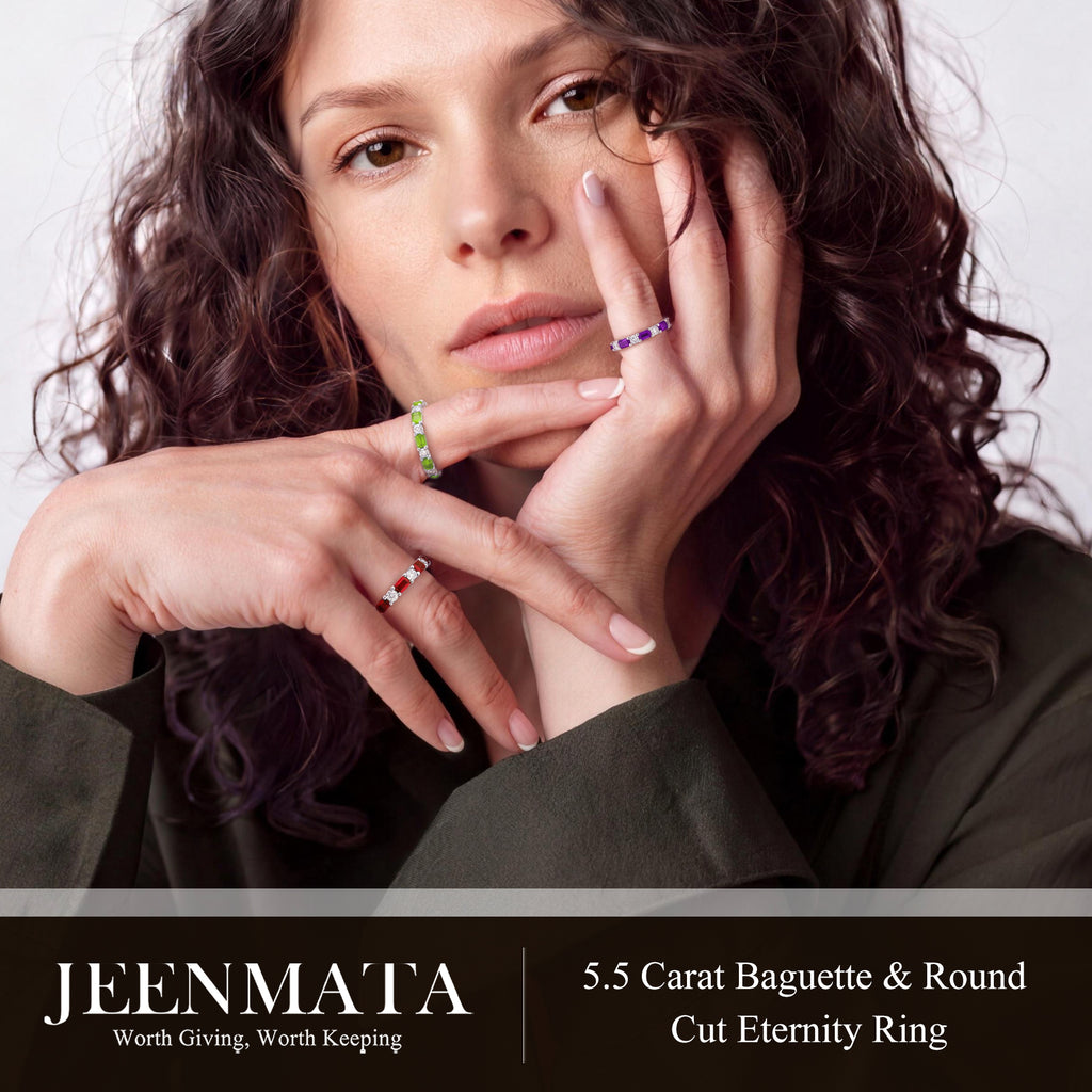 JeenMata Eternity Wedding Band Rings for Women, 5.5 Carat Alternating Baguette & Round Cut CZ, February Birthstone Birth Month Anniversary Ring for Woman, Christmas Gifts for Her