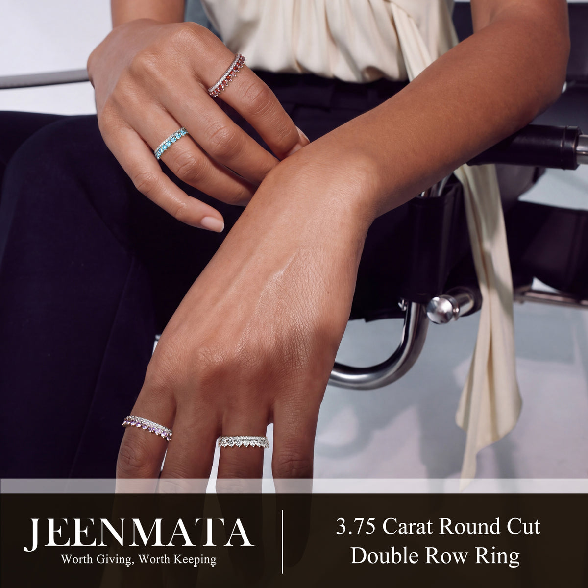 JeenMata 3.75 Carat Round Cut Dowble Row August Birthstone Ring for Her, Peridot Cubic Zirconia Eternity Wedding Band Ring, Anniversary Ring in 18K White Gold Plating for Women