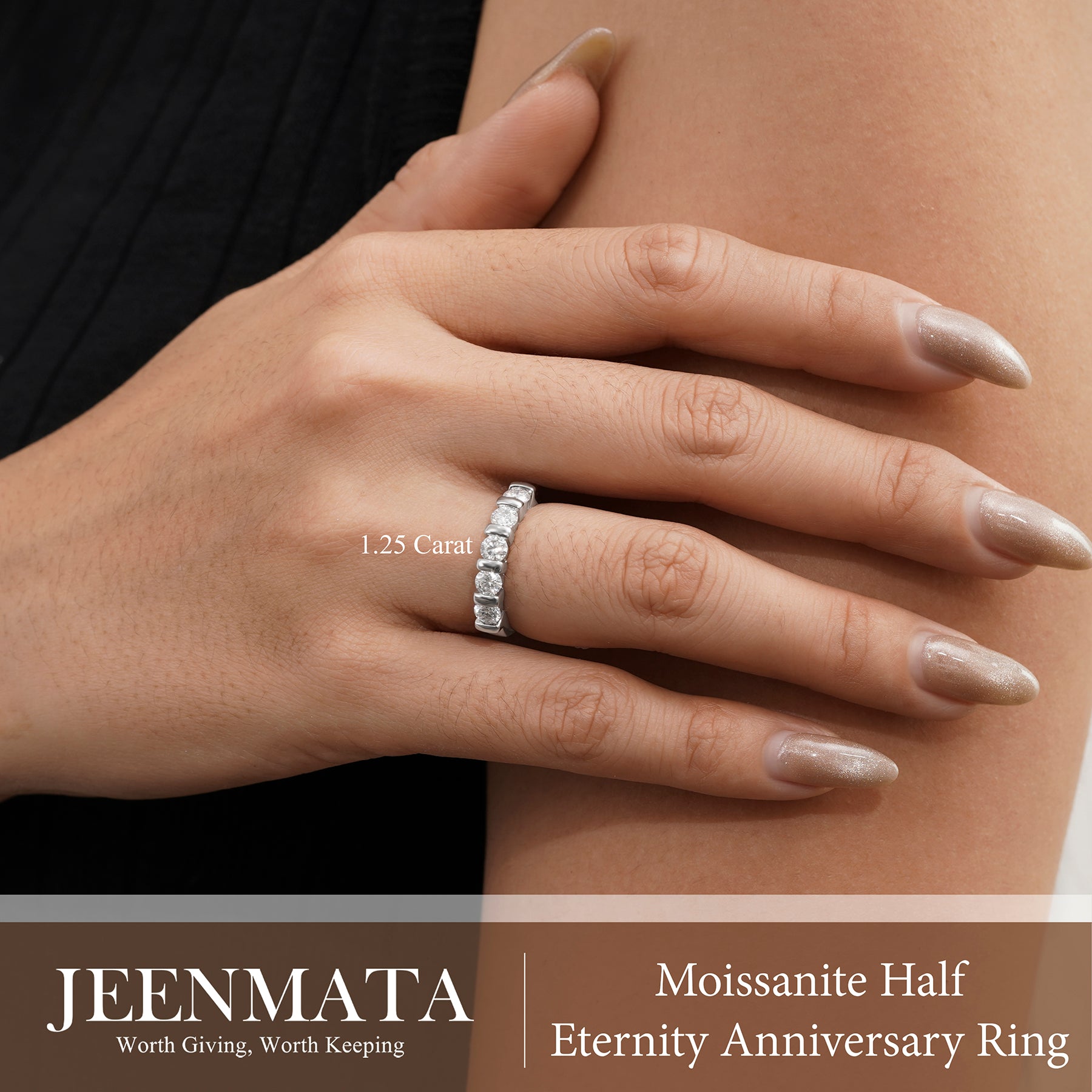 JeenMata 1.25 Carat Moissanite Half Eternity Anniversary Ring - Stackable Wedding Band Rings for Women in 18K White Gold Plating, Wedding Gift for Her