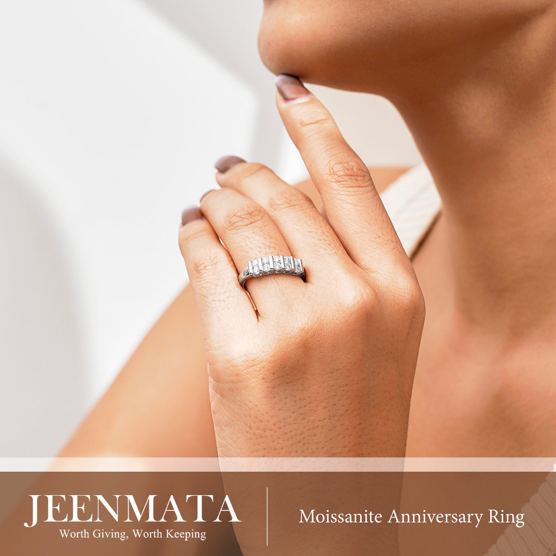 JeenMata Moissanite Half Eternity Band - Double Row Stackable Anniversary Ring for Women in 18K White Gold Plating, Gift for Her, Gift for Women