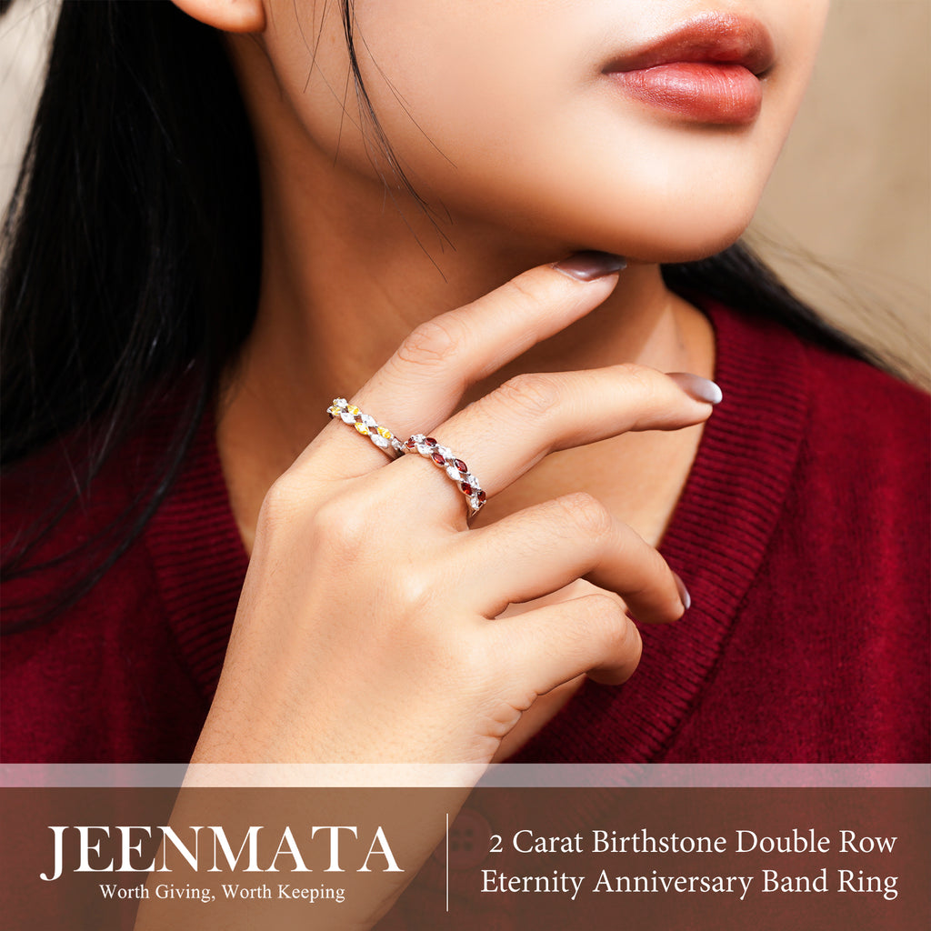 JeenMata 2 Carat Marquise Cut - January Garnet Birthstone Cubic Zirconia Double Row Eternity Anniversary Band Ring in 18K White Gold Plating for Women