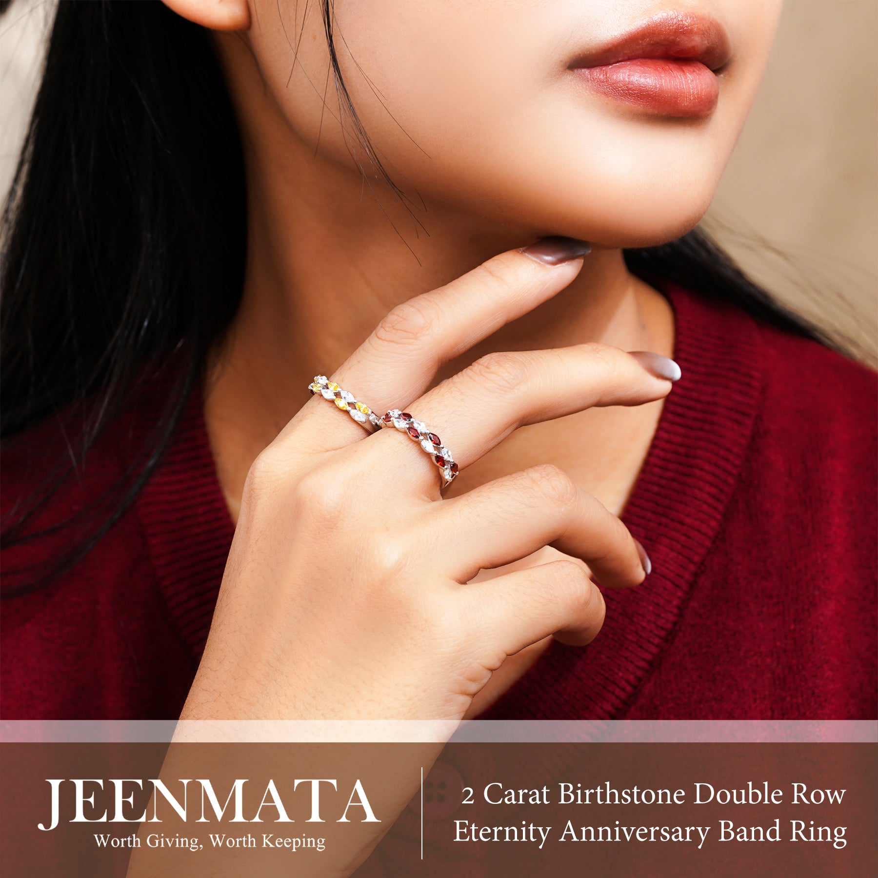 JeenMata 2 Carat Marquise Cut - February Amethyst Birthstone Cubic Zirconia Double Row Eternity Anniversary Band Ring in 18K White Gold Plating for Women