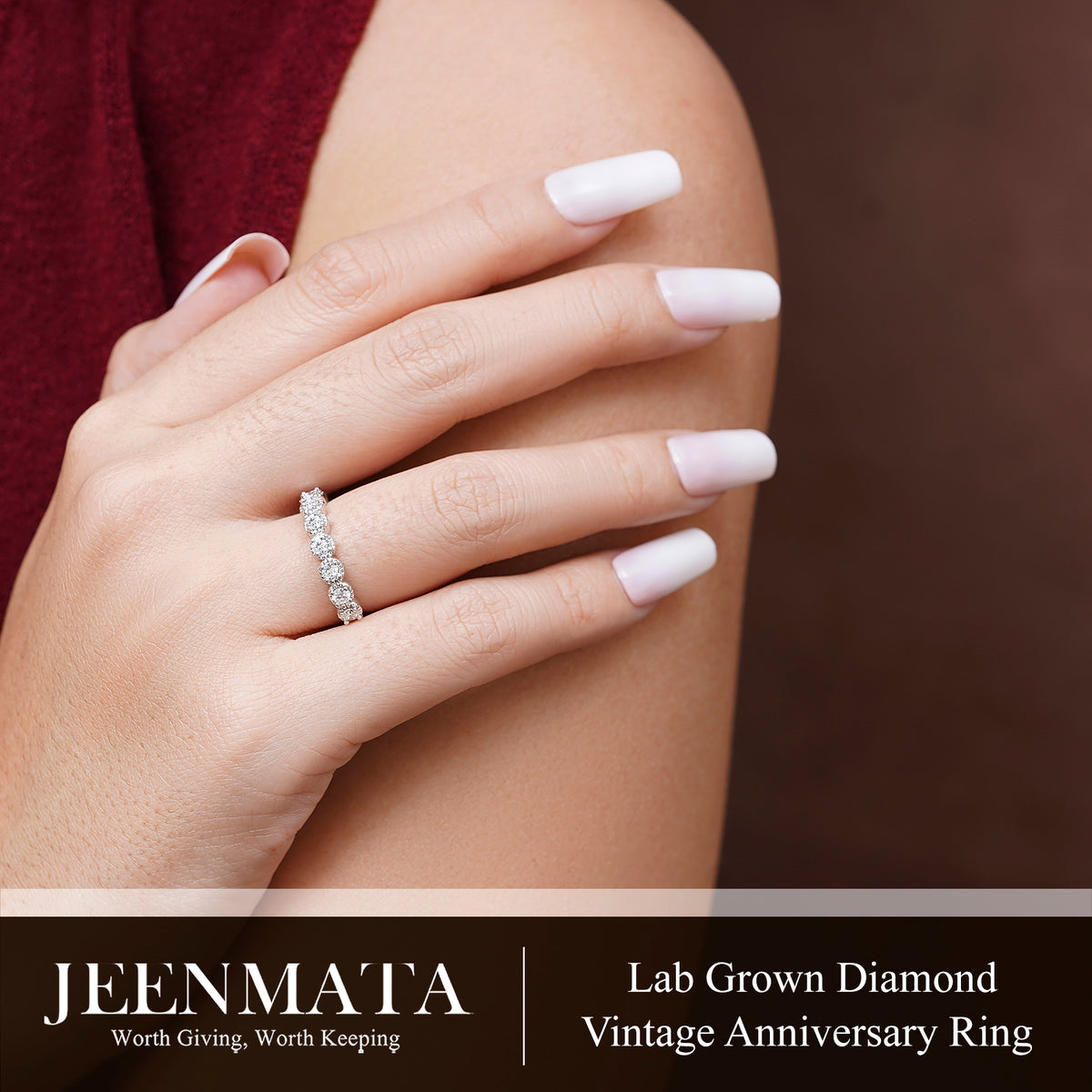 JeenMata Lab Grown Diamond Round Prong Set Vintage Anniversary Ring in 18K White Gold Plated for Women