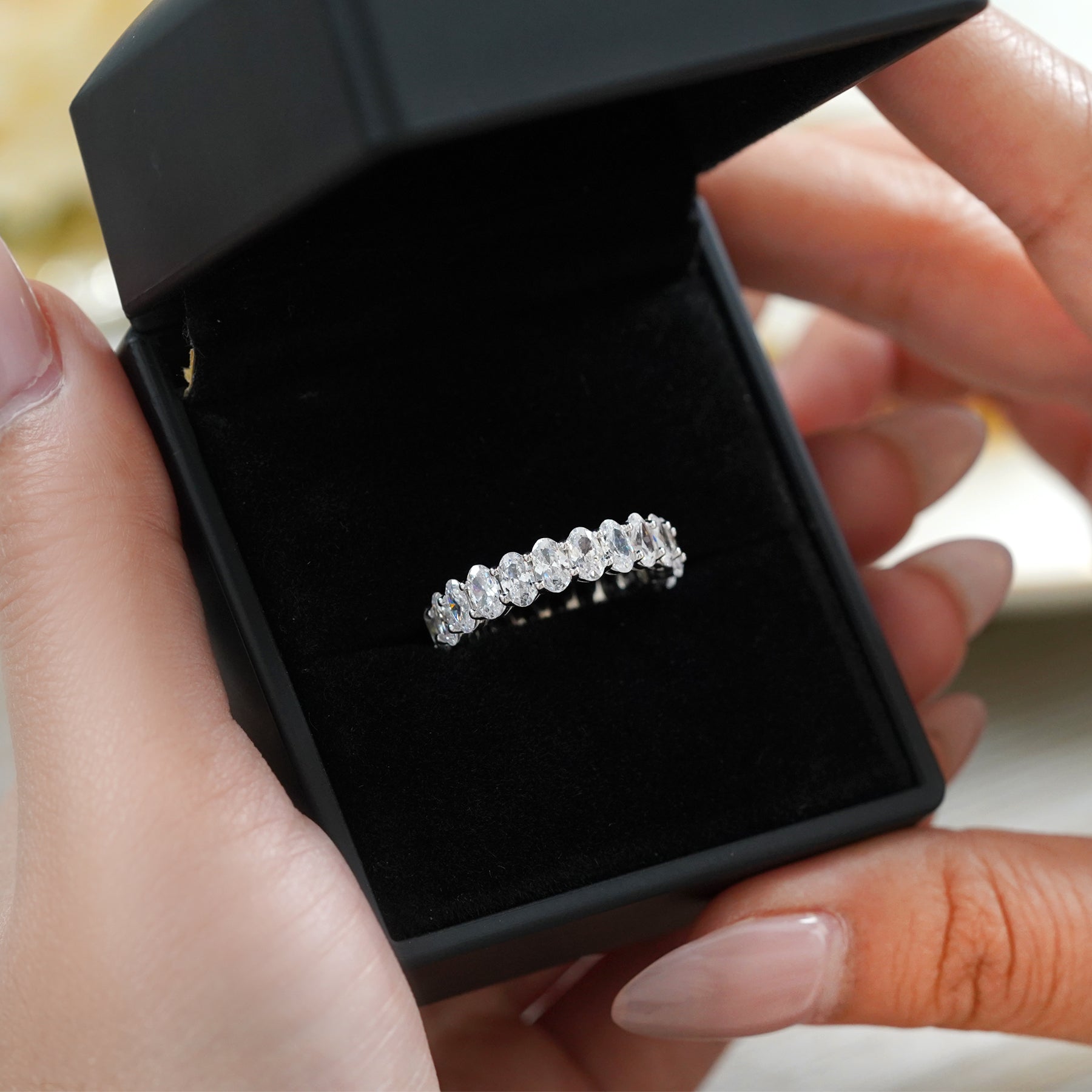 JeenMata 6.75 Carat Oval Cut Moissanite Eternity Wedding Band - Classic Prong Style Wedding Ring in White Gold Plating for Women