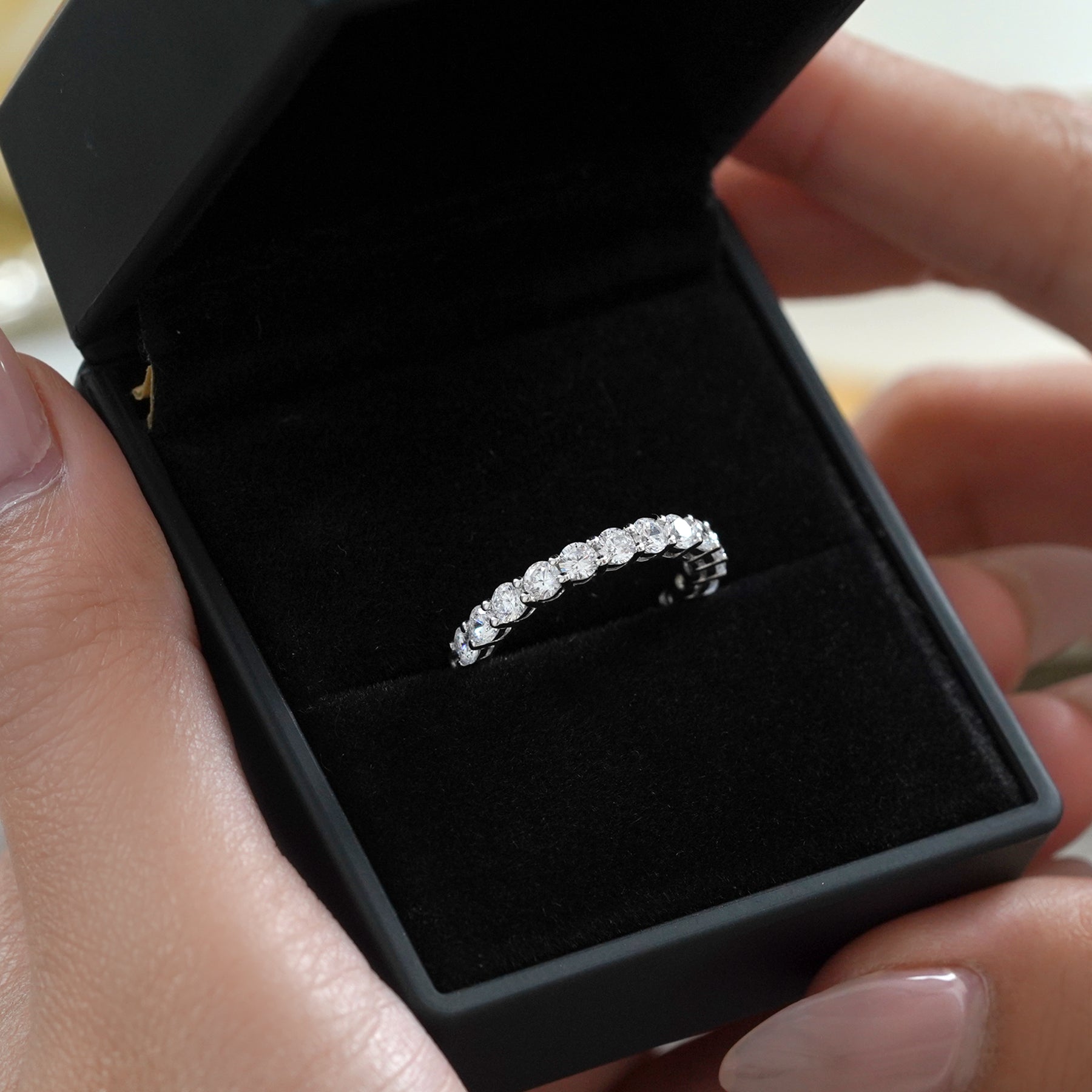JeenMata 2.25 Carat Round Cut Moissanite Eternity Wedding Band - Classic Prong Style Wedding Ring in White Gold Plating for Women
