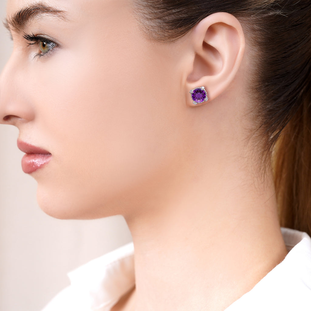 JeenMata 3.5 Carat Round Cut February Birthstone Stud Earrings - Halo Milgrain Earrings in 18K White Gold Plating for Women