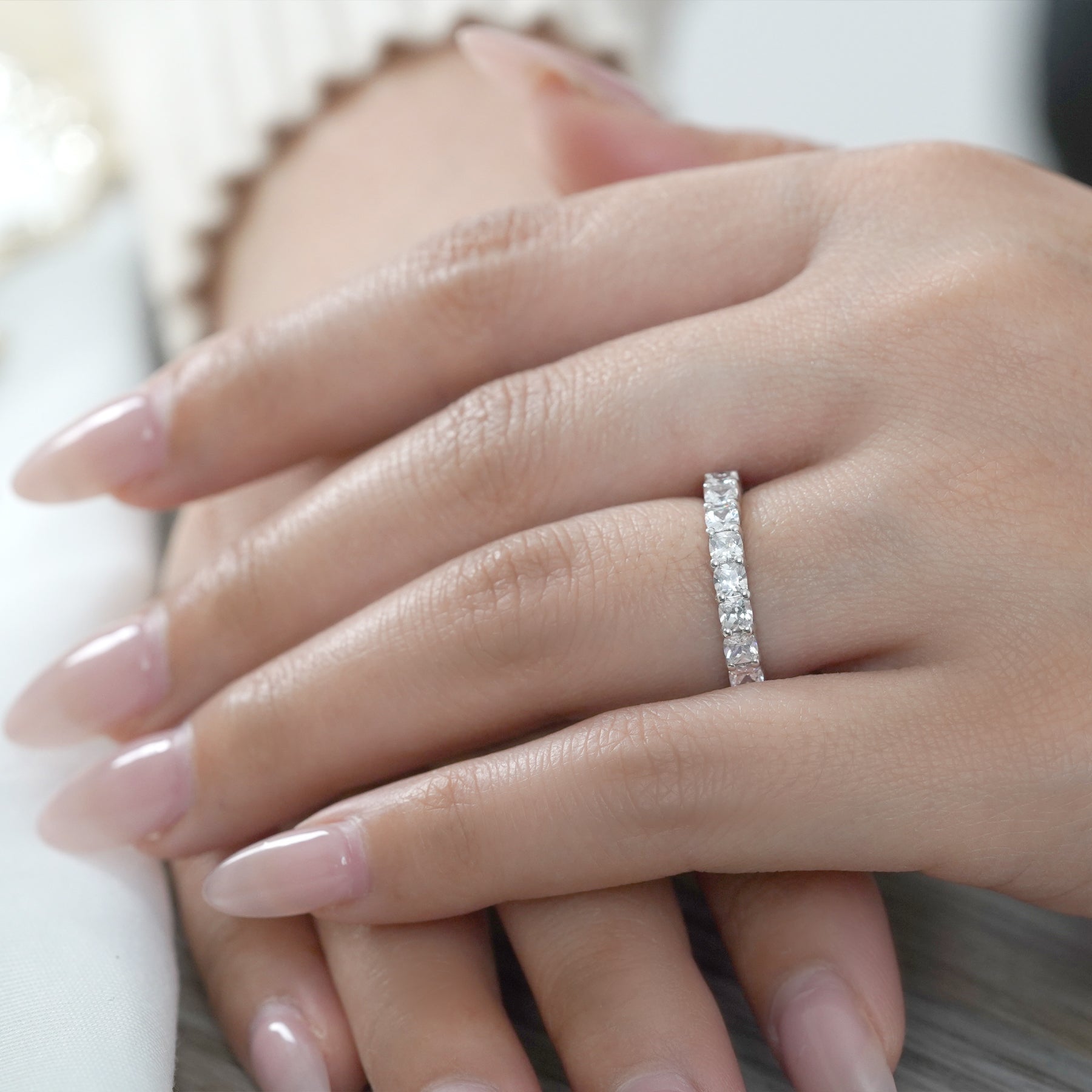 JeenMata 2.75 Carat Cushion Cut Moissanite Eternity Wedding Band - Classic Prong Style Wedding Ring in White Gold Plating for Women
