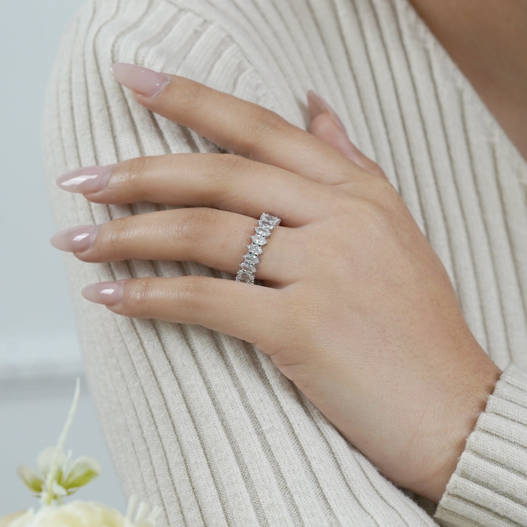 JeenMata 4.75 Carat Marquise Cut Moissanite Eternity Wedding Band - Classic Prong Style Wedding Ring in White Gold Plating for Women