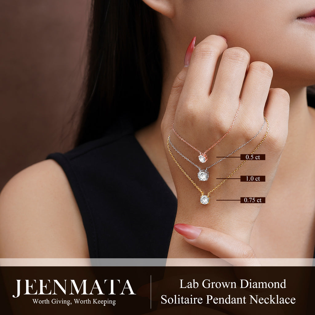 JeenMata Lab Grown Diamond 0.50 Carat Round Cut Classic Solitaire Pendant Necklace - in 18K Yellow Gold Plating for Women