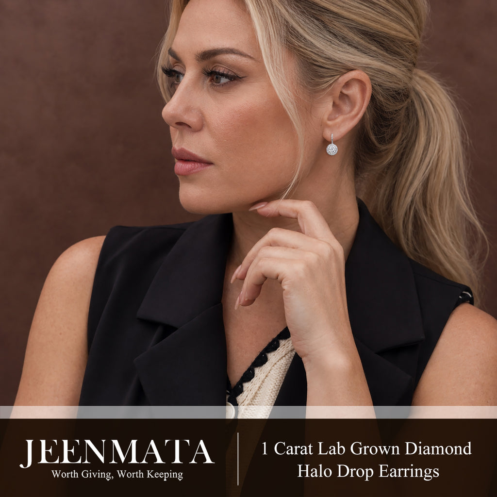 JeenMata 1 Carat Lab Grown Diamond Halo Drop Earrings - Round Cut Vintage Inspired Earrings in White Gold Plating