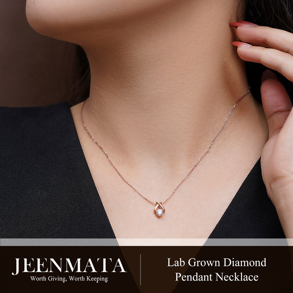 JeenMata X-Shaped Round Cut Lab Grown Diamond Pendant Necklace in 18K Rose Gold Plating for Women
