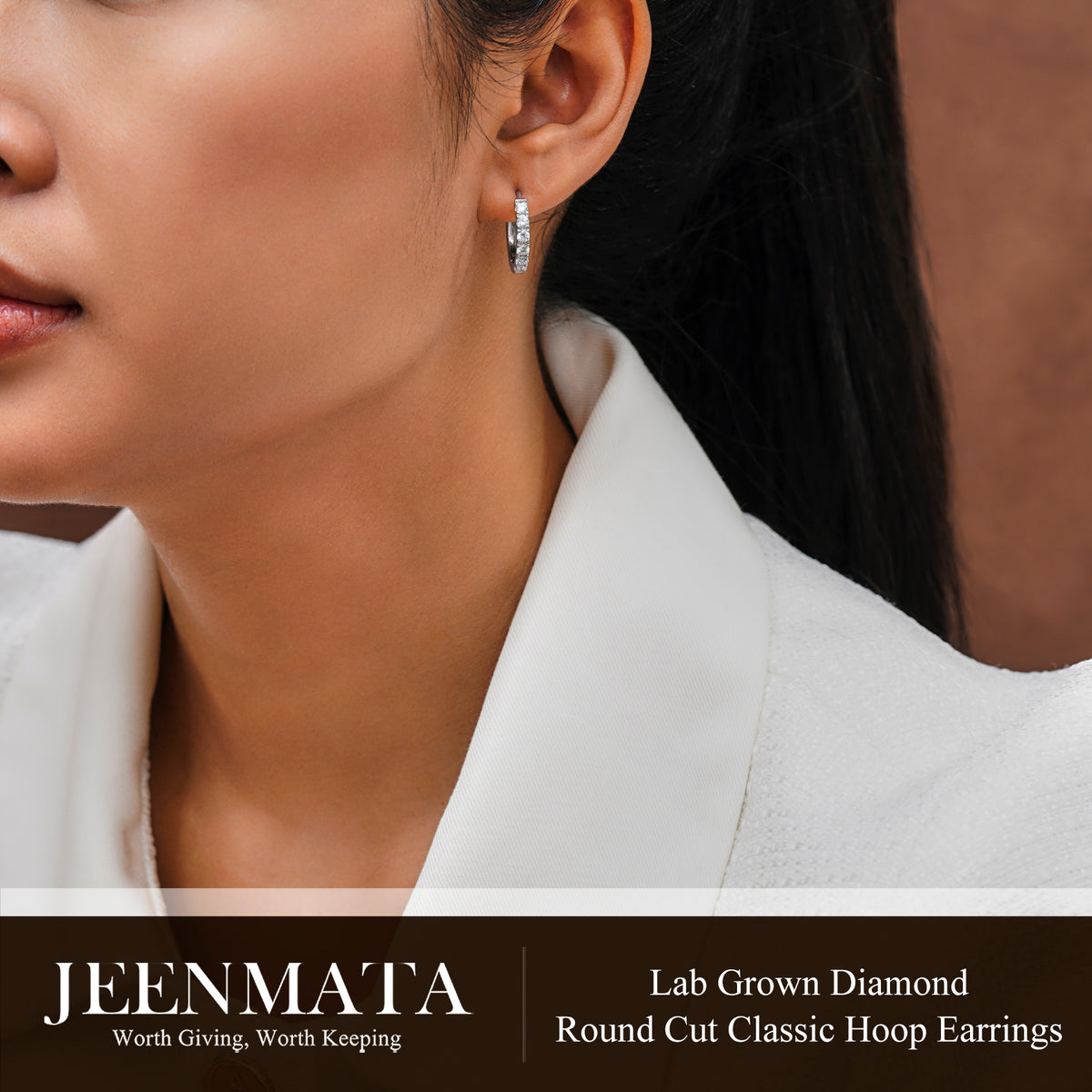 JeenMata Lab Grown Diamond Hoop Earrings - Round Cut Classic Hoop Earrings for Everyday Jewelry - White Gold Plating