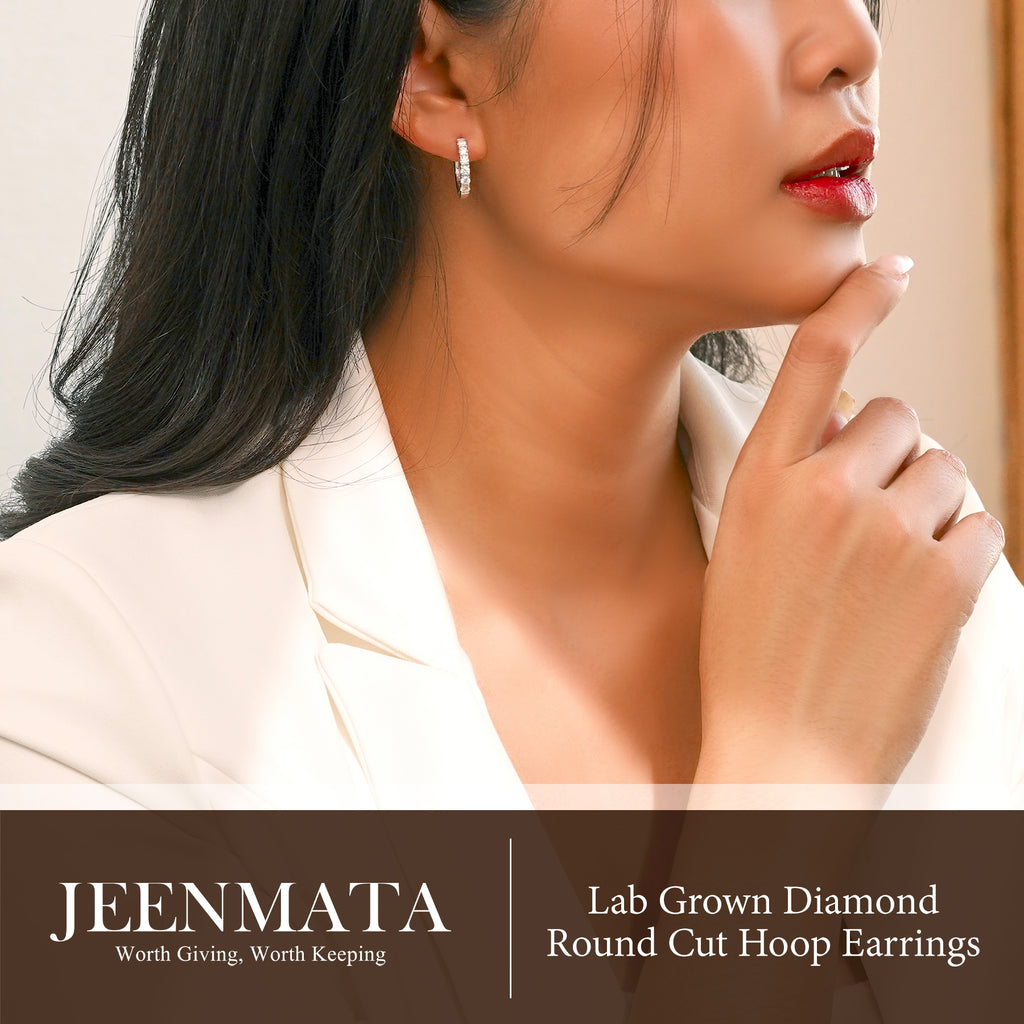 JeenMata Lab Grown Diamond Hoop Earrings - Round Cut Classic Hoop Earrings for Everyday Jewelry - White Gold Plating