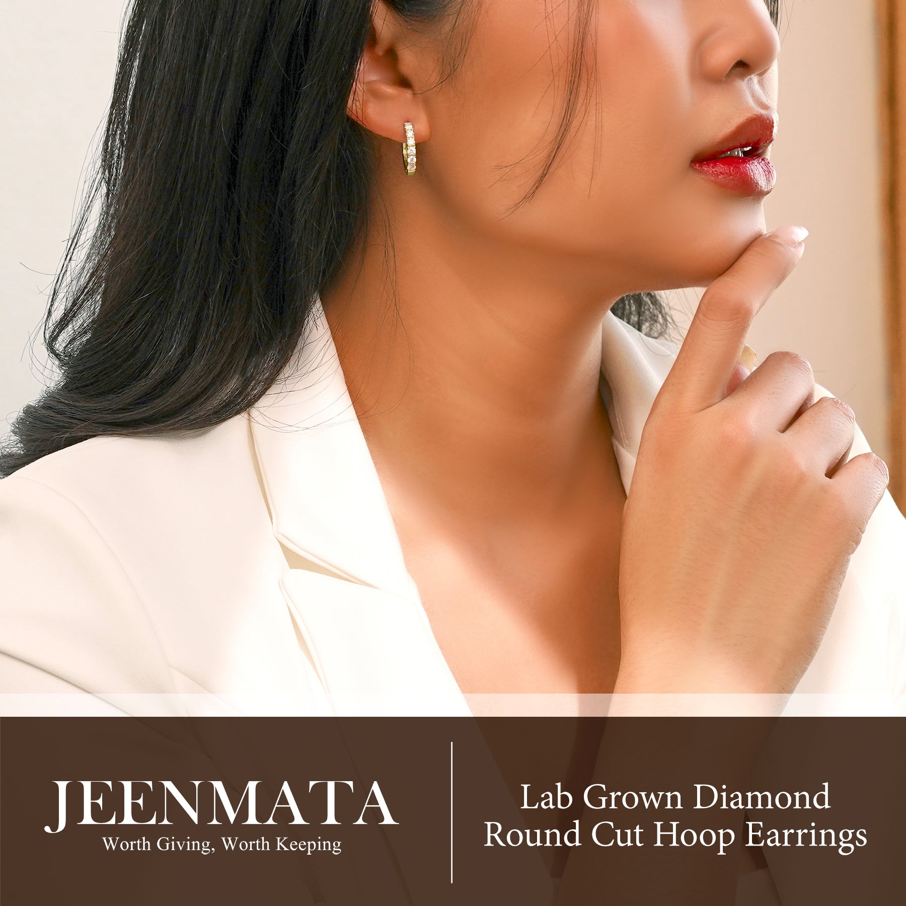 JeenMata Lab Grown Diamond Hoop Earrings - Round Cut Classic Hoop Earrings for Everyday Jewelry - Yellow Gold Plating