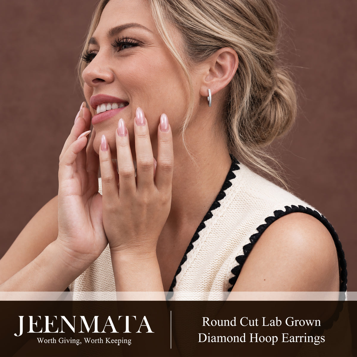 JeenMata Lab Grown Diamond Hoop Earrings - Round Cut Classic Earrings in White Gold Plating for Women