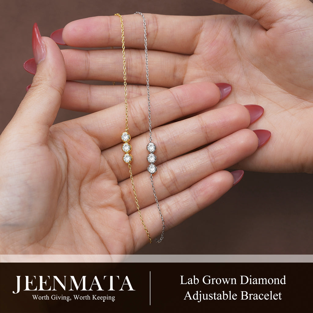 JeenMata Lab Grown Diamond Three Stones Bracelet - Adjustable Slider White Gold Plating Bracelet for Women