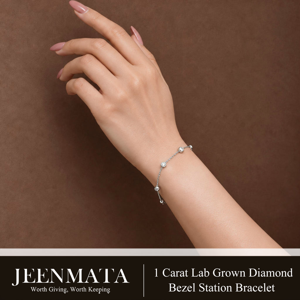 JeenMata 1 Carat Lab Grown Diamond Bezel Station Bracelets - Elegant Gift Jewelry Bracelet in 18K White Gold Plating Gift for Women, Girlfriend