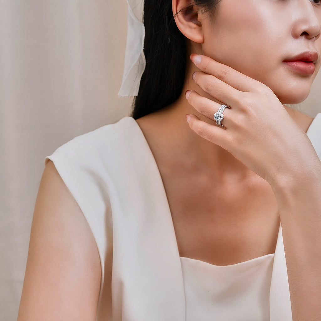 JeenMata 1 Carat Lab Grown Diamond Trio Wedding Ring Set - Round Cut Halo Statement Ring in 18K White Gold Plating for Women