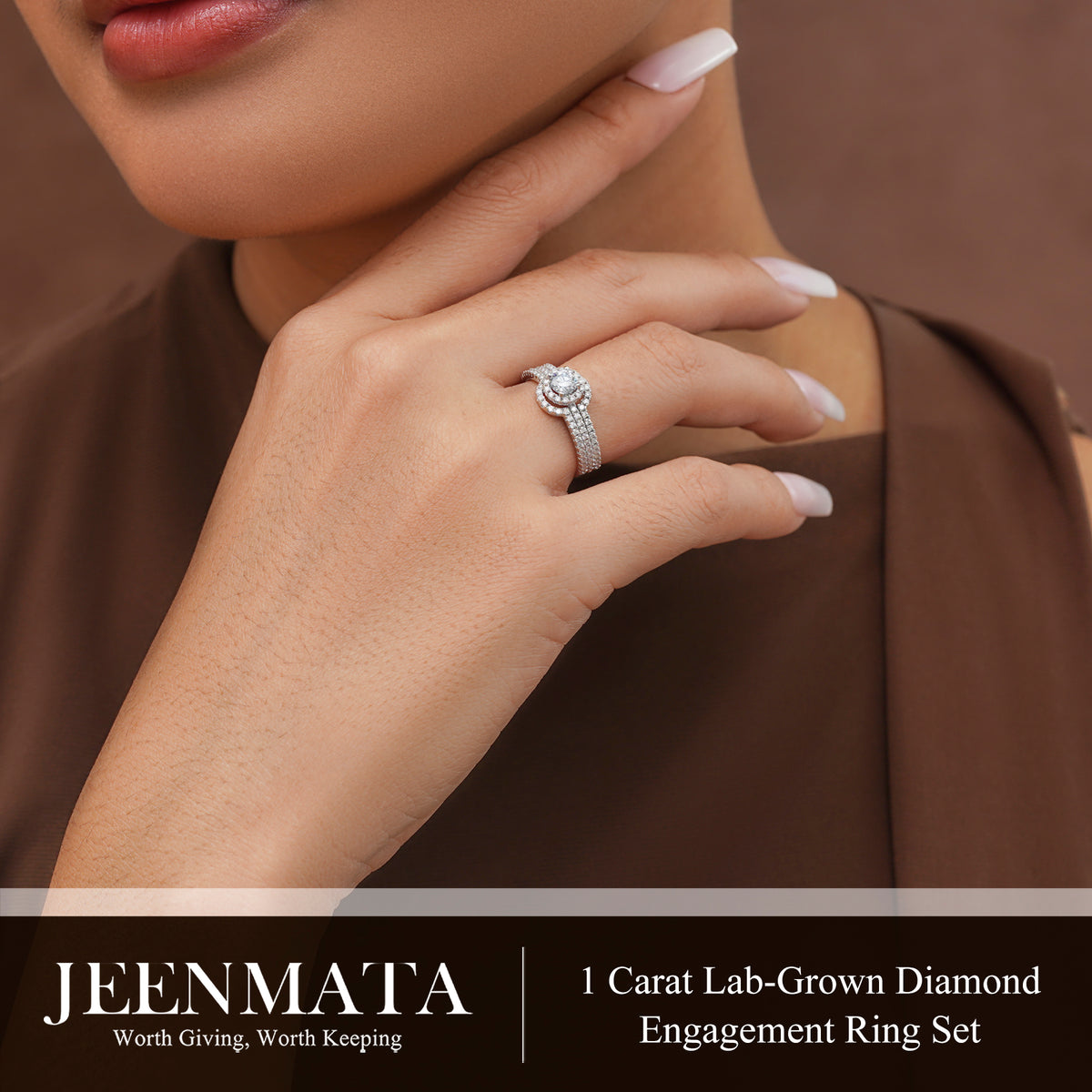JeenMata 1 Carat Lab Grown Diamond Trio Wedding Ring Set - Round Cut Halo Statement Ring in 18K White Gold Plating for Women