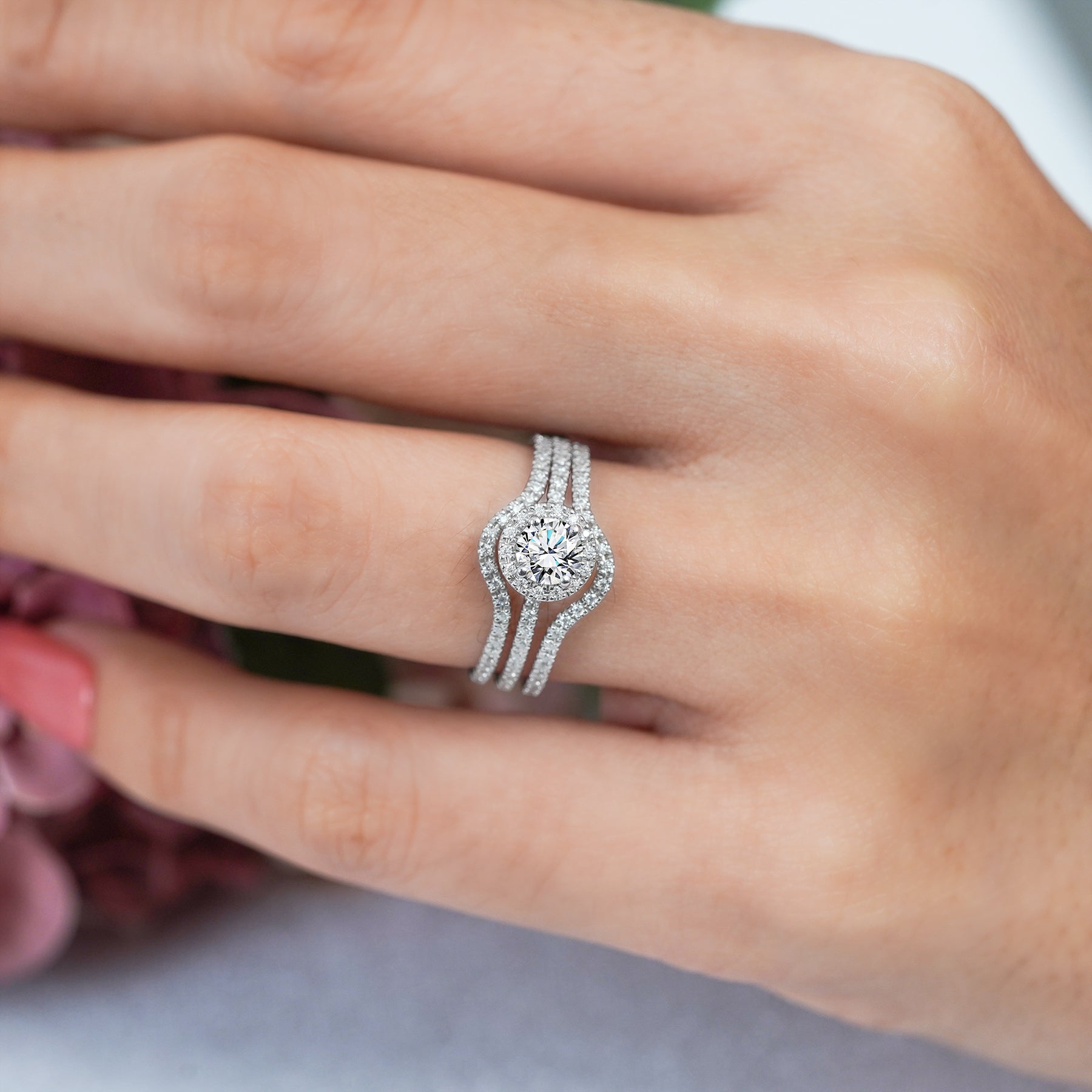 JeenMata 1 Carat Lab Grown Diamond Trio Wedding Ring Set - Round Cut Halo Statement Ring in 18K White Gold Plating for Women