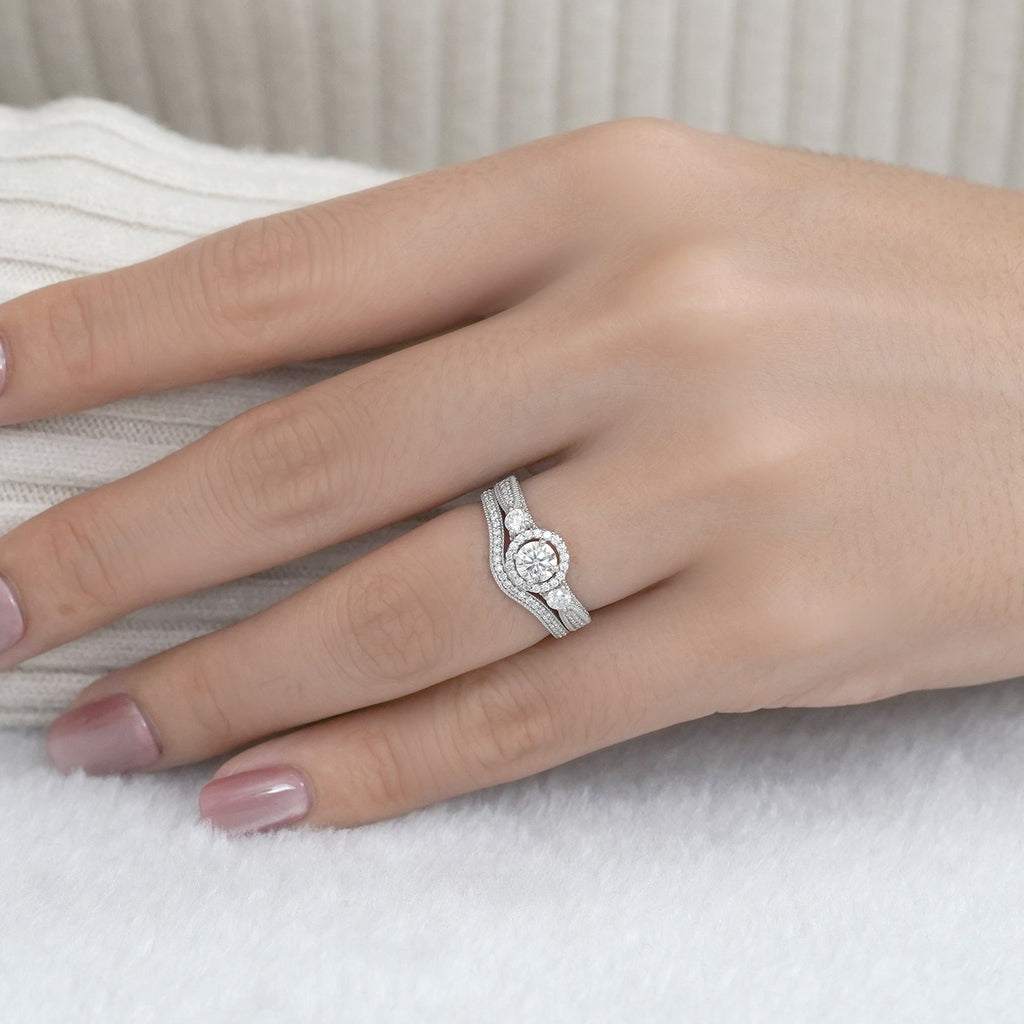 2 Carat Moissanite Wedding Ring Set - Round Cut Vintage Design Halo Bridal Set in 18K White Gold Over Silver