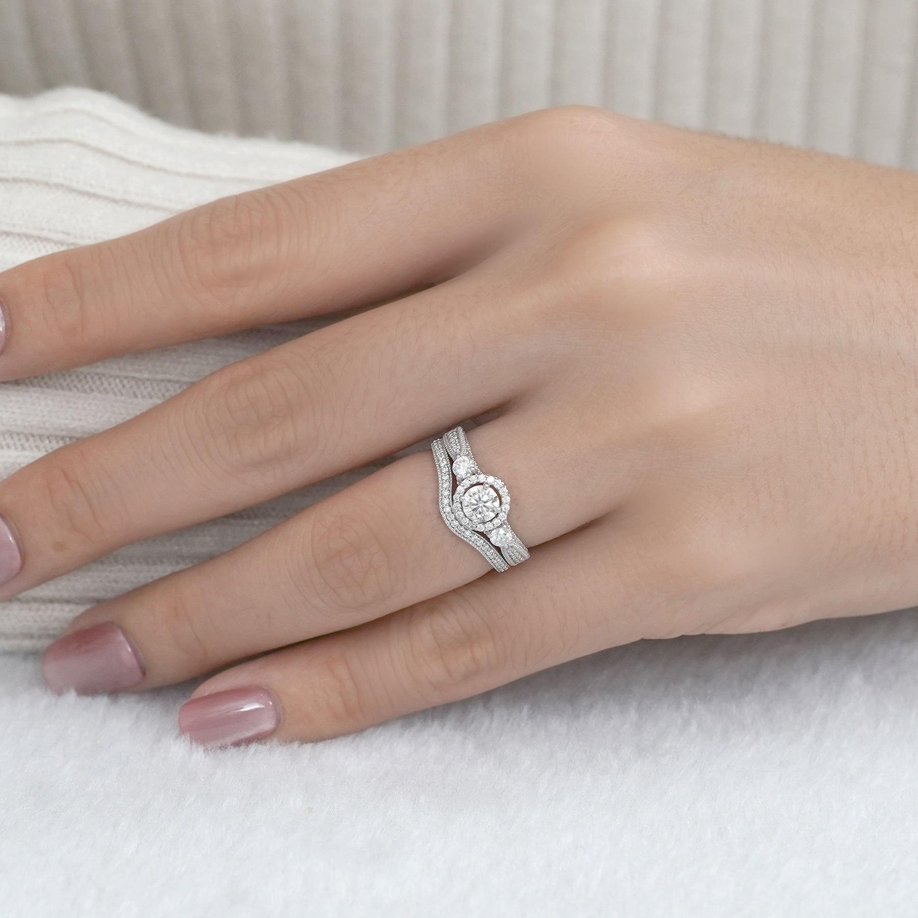 2 Carat Moissanite Wedding Ring Set - Round Cut Vintage Design Halo Bridal Set in 18K White Gold Over Silver