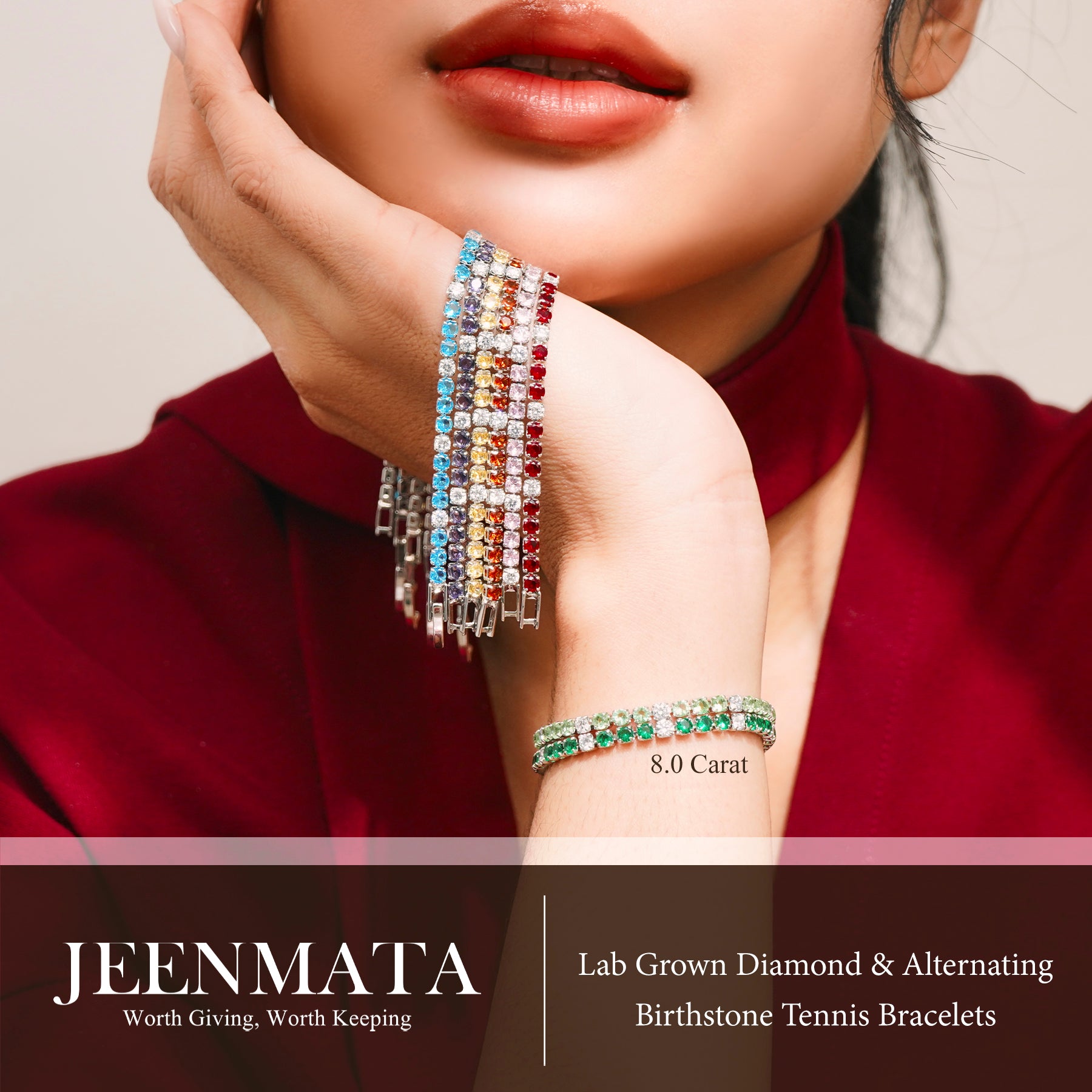 JeenMata 8 Carat Lab Grown Diamond & Blue Sapphire Alternating Birthstone Tennis Bracelets - 18K White Gold Plating for Women Eternity Design Bracelet