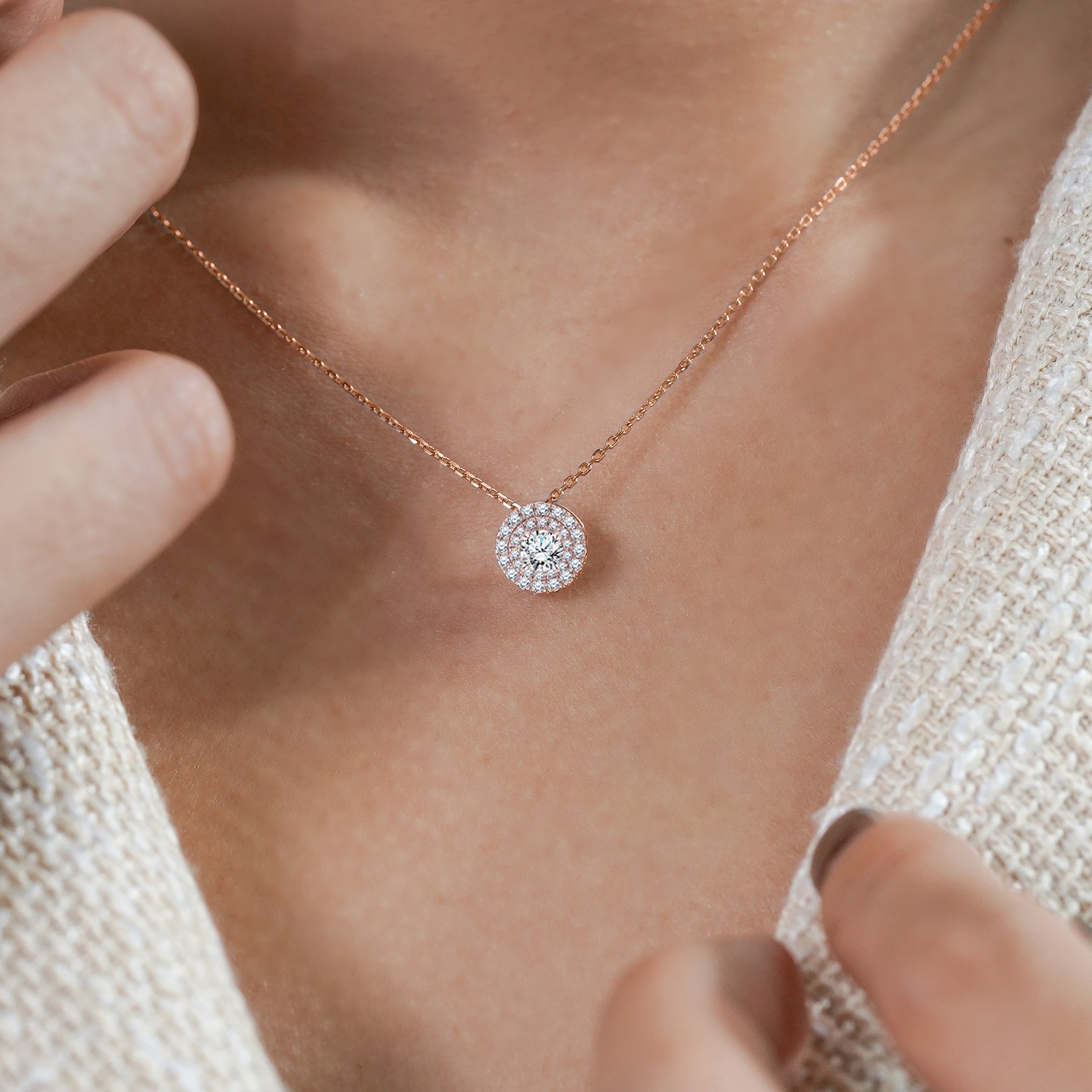 Certified 1 Carat Round Cut Lab Grown Diamond Double Halo Pendant Necklace