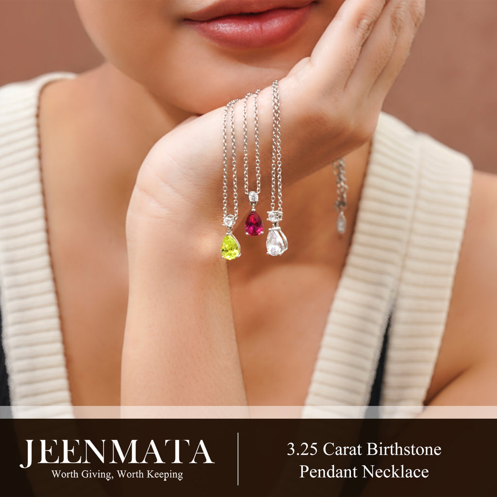 JeenMata 3.25 Carat Cubic Zirconia April Birthstone - Round and Pear Cut Dangle Pendant Necklace in 18k White Gold Plated for Women